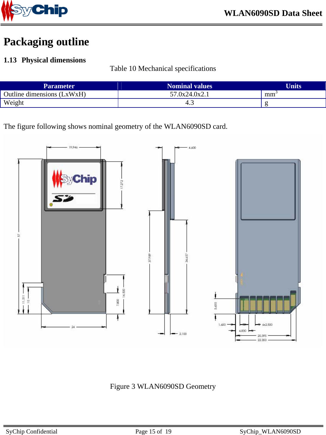    WLAN6090SD Data Sheet    SyChip Confidential                                                  Page 15 of  19                                            SyChip_WLAN6090SD                       Packaging outline 1.13 Physical dimensions  Table 10 Mechanical specifications  Parameter  Nominal values  Units Outline dimensions (LxWxH)  57.0x24.0x2.1  mm3  Weight 4.3 g  The figure following shows nominal geometry of the WLAN6090SD card.       Figure 3 WLAN6090SD Geometry   