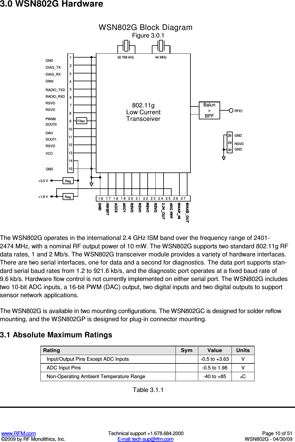   www.RFM.com  Technical support +1.678.684.2000  Page 10 of 51 ©2009 by RF Monolithics, Inc.  E-mail: tech sup@rfm.com  WSN802G - 04/30/09  3.0 WSN802G Hardware WSN802G Block Diagram Figure 3.0.1 The WSN802G operates in the international 2.4 GHz ISM band over the frequency range of 2401- 2474 MHz, with a nominal RF output power of 10 mW. The WSN802G supports two standard 802.11g RF data rates, 1 and 2 Mb/s. The WSN802G transceiver module provides a variety of hardware interfaces. There are two serial interfaces, one for data and a second for diagnostics. The data port supports stan-dard serial baud rates from 1.2 to 921.6 kb/s, and the diagnostic port operates at a fixed baud rate of 9.6 kb/s. Hardware flow control is not currently implemented on either serial port. The WSN802G includes two 10-bit ADC inputs, a 16-bit PWM (DAC) output, two digital inputs and two digital outputs to support sensor network applications. The WSN802G is available in two mounting configurations. The WSN802GC is designed for solder reflow mounting, and the WSN802GP is designed for plug-in connector mounting. 3.1 Absolute Maximum Ratings Rating Sym  Value Units Input/Output Pins Except ADC Inputs  -0.5 to +3.63 V ADC Input Pins  -0.5 to 1.98  V Non-Operating Ambient Temperature Range  -40 to +85 oC  Table 3.1.1  +3.3 V +1.8 V GND DIAG_TX DIAG_RX DIN0 RADIO_TXD RADIO_RXD RSVD RSVD PWM0 DOUT0 DIN1 DOUT1 RSVD VCC GND Reg Reg 10 11 12 13 14 15 3 4 8 9 25671Filter 16 17 18 19 20 21 22 23 24 25 26 27 32.768 kHz 802.11g Low Current Transceiver 44 MHz RFIO GND RSVD GND Balun &gt; BPF 28 29 30 