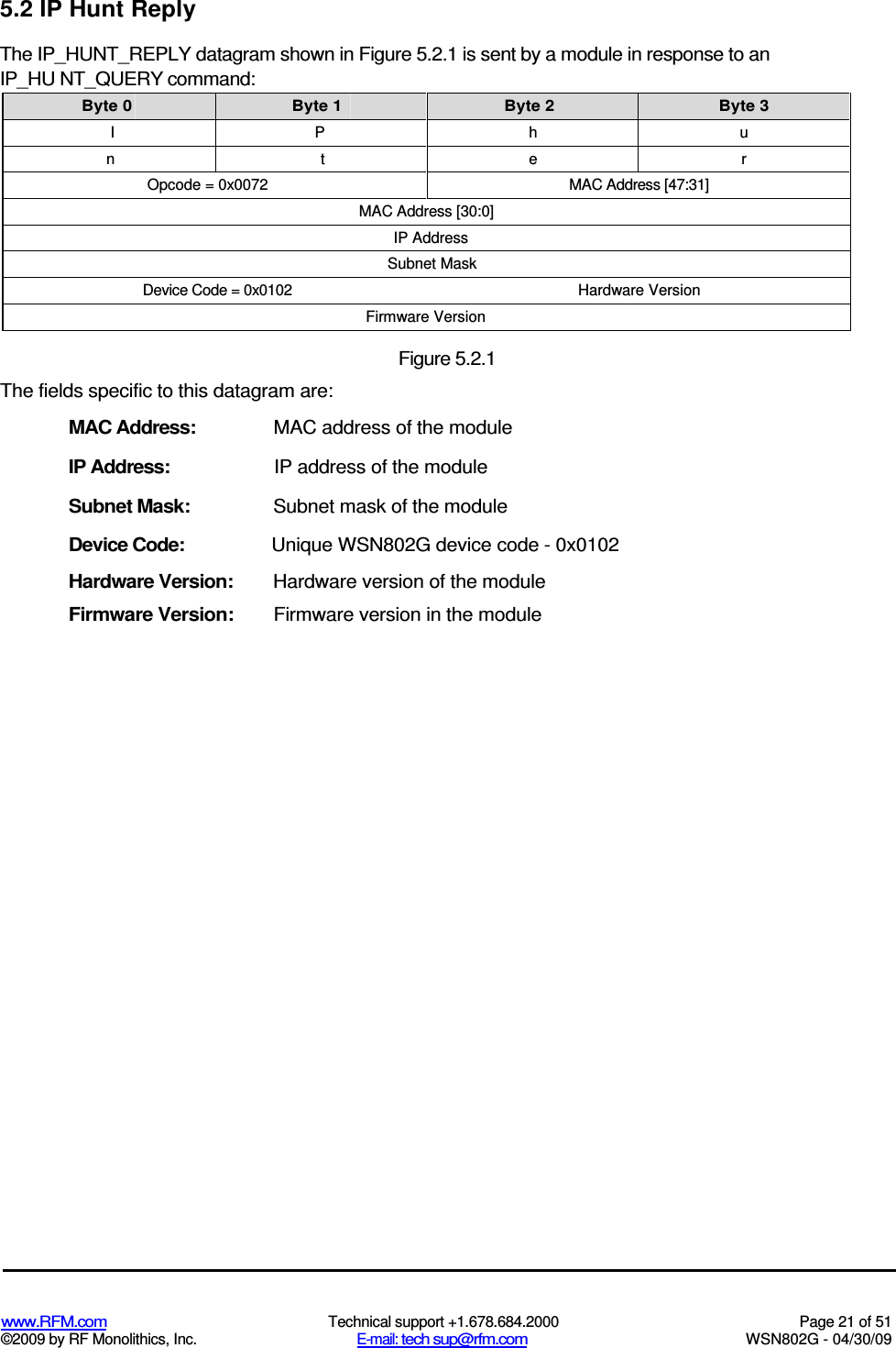   www.RFM.com  Technical support +1.678.684.2000  Page 21 of 51 ©2009 by RF Monolithics, Inc.  E-mail: tech sup@rfm.com  WSN802G - 04/30/09 5.2 IP Hunt Reply The IP_HUNT_REPLY datagram shown in Figure 5.2.1 is sent by a module in response to an IP_HU NT_QUERY command: Byte 0  Byte 1  Byte 2  Byte 3 I  P  h  u n  t  e  r  Opcode = 0x0072   MAC Address [47:31]   MAC Address [30:0]    IP Address    Subnet Mask   Device Code = 0x0102  Hardware Version   Firmware Version   Figure 5.2.1 The fields specific to this datagram are: MAC Address:  MAC address of the module IP Address:  IP address of the module Subnet Mask:  Subnet mask of the module Device Code:  Unique WSN802G device code - 0x0102 Hardware Version:  Hardware version of the module Firmware Version:  Firmware version in the module 