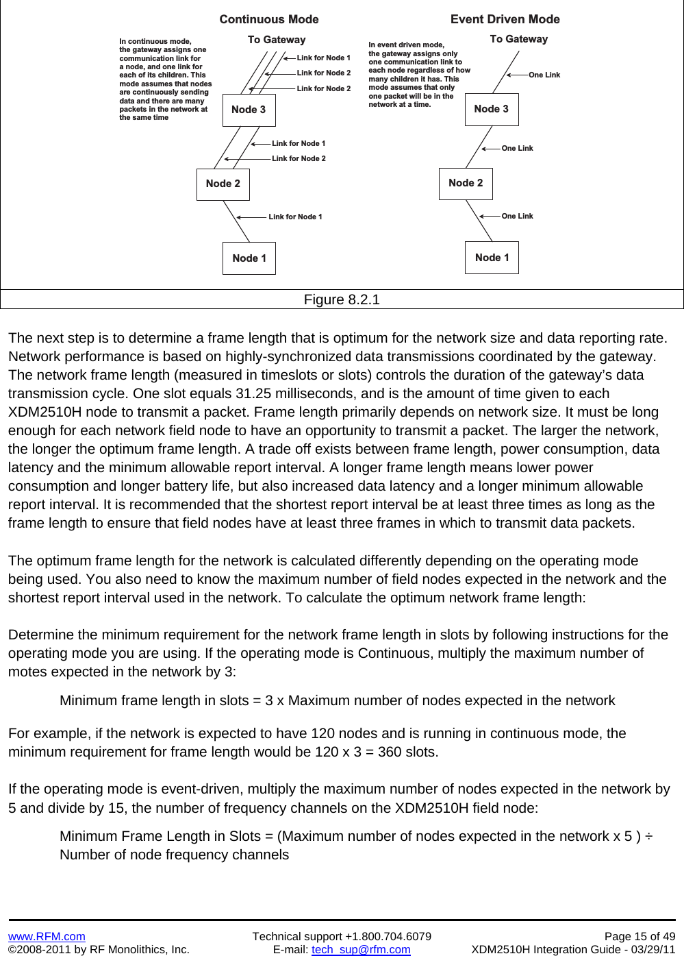    www.RFM.com  Technical support +1.800.704.6079  Page 15 of 49 ©2008-2011 by RF Monolithics, Inc.  E-mail: tech_sup@rfm.com  XDM2510H Integration Guide - 03/29/11  N o d e   3N o d e   2N o d e   1T o   G a t e w a yN o d e   3N o d e   2N o d e   1T o   G a t e w a yL i n k   f o r   N o d e   1L i n k   f o r   N o d e   1L i n k   f o r   N o d e   2L i n k   f o r   N o d e   1L i n k   f o r   N o d e   2L i n k   f o r   N o d e   2O n e   L i n kO n e   L i n kO n e   L i n kContinuous M odeE v e n t   D r i v e n   M o d eI n   c o n t i n u o u s   m o d e ,t h e   g a t e w a y   a s s i g n s   o n ec o m m u n i c a t i o n   l i n k   f o ra   n o d e ,   a n d   o n e   l i n k   f o re a c h   o f   i t s   c h i l d r e n .   T h i sm o d e   a s s u m e s   t h a t   n o d e sa r e   c o n t i n u o u s l y   s e n d i n gd a t a   a n d   t h e r e   a r e   m a n yp a c k e t s   i n   t h e   n e t w o r k   a tt h e   s a m e   t i m eI n   e v e n t   d r i v e n   m o d e ,t h e   g a t e w a y   a s s i g n s   o n l yo n e   c o m m u n i c a t i o n   l i n k   t oe a c h   n o d e   r e g a r d l e s s   o f   h o wm a n y   c h i l d r e n   i t   h a s .   T h i sm o d e   a s s u m e s   t h a t   o n l yo n e   p a c k e t   w i l l   b e   i n   t h en e t w o r k   a t   a   t i m e . Figure 8.2.1  The next step is to determine a frame length that is optimum for the network size and data reporting rate. Network performance is based on highly-synchronized data transmissions coordinated by the gateway. The network frame length (measured in timeslots or slots) controls the duration of the gateway’s data transmission cycle. One slot equals 31.25 milliseconds, and is the amount of time given to each XDM2510H node to transmit a packet. Frame length primarily depends on network size. It must be long enough for each network field node to have an opportunity to transmit a packet. The larger the network, the longer the optimum frame length. A trade off exists between frame length, power consumption, data latency and the minimum allowable report interval. A longer frame length means lower power consumption and longer battery life, but also increased data latency and a longer minimum allowable report interval. It is recommended that the shortest report interval be at least three times as long as the frame length to ensure that field nodes have at least three frames in which to transmit data packets.  The optimum frame length for the network is calculated differently depending on the operating mode being used. You also need to know the maximum number of field nodes expected in the network and the shortest report interval used in the network. To calculate the optimum network frame length:  Determine the minimum requirement for the network frame length in slots by following instructions for the operating mode you are using. If the operating mode is Continuous, multiply the maximum number of motes expected in the network by 3:  Minimum frame length in slots = 3 x Maximum number of nodes expected in the network  For example, if the network is expected to have 120 nodes and is running in continuous mode, the minimum requirement for frame length would be 120 x 3 = 360 slots.  If the operating mode is event-driven, multiply the maximum number of nodes expected in the network by 5 and divide by 15, the number of frequency channels on the XDM2510H field node:  Minimum Frame Length in Slots = (Maximum number of nodes expected in the network x 5 ) ÷ Number of node frequency channels  