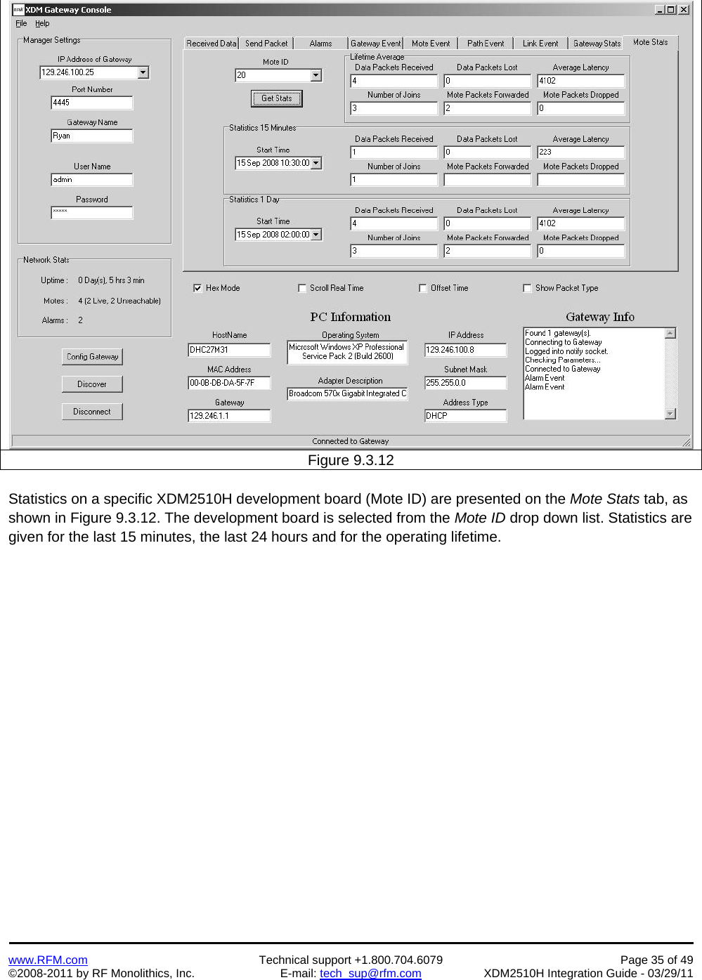    www.RFM.com  Technical support +1.800.704.6079  Page 35 of 49 ©2008-2011 by RF Monolithics, Inc.  E-mail: tech_sup@rfm.com  XDM2510H Integration Guide - 03/29/11  Figure 9.3.12  Statistics on a specific XDM2510H development board (Mote ID) are presented on the Mote Stats tab, as shown in Figure 9.3.12. The development board is selected from the Mote ID drop down list. Statistics are given for the last 15 minutes, the last 24 hours and for the operating lifetime. 