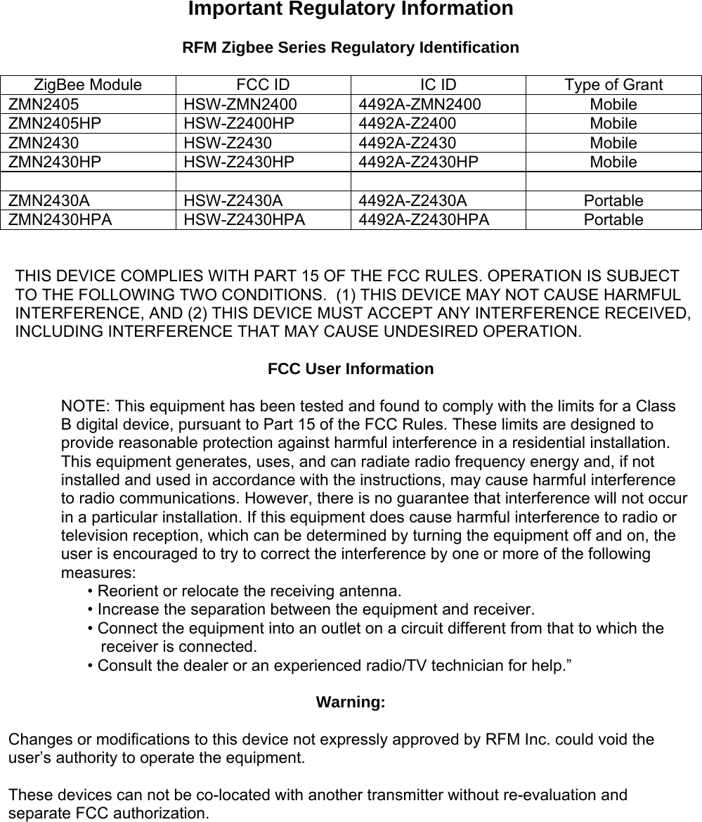 Important Regulatory Information  RFM Zigbee Series Regulatory Identification  ZigBee Module  FCC ID  IC ID  Type of Grant ZMN2405 HSW-ZMN2400 4492A-ZMN2400  Mobile  ZMN2405HP HSW-Z2400HP 4492A-Z2400  Mobile ZMN2430 HSW-Z2430 4492A-Z2430  Mobile ZMN2430HP HSW-Z2430HP 4492A-Z2430HP  Mobile     ZMN2430A HSW-Z2430A 4492A-Z2430A  Portable ZMN2430HPA HSW-Z2430HPA 4492A-Z2430HPA  Portable   THIS DEVICE COMPLIES WITH PART 15 OF THE FCC RULES. OPERATION IS SUBJECT TO THE FOLLOWING TWO CONDITIONS.  (1) THIS DEVICE MAY NOT CAUSE HARMFUL INTERFERENCE, AND (2) THIS DEVICE MUST ACCEPT ANY INTERFERENCE RECEIVED, INCLUDING INTERFERENCE THAT MAY CAUSE UNDESIRED OPERATION.  FCC User Information  NOTE: This equipment has been tested and found to comply with the limits for a Class B digital device, pursuant to Part 15 of the FCC Rules. These limits are designed to provide reasonable protection against harmful interference in a residential installation. This equipment generates, uses, and can radiate radio frequency energy and, if not installed and used in accordance with the instructions, may cause harmful interference to radio communications. However, there is no guarantee that interference will not occur in a particular installation. If this equipment does cause harmful interference to radio or television reception, which can be determined by turning the equipment off and on, the user is encouraged to try to correct the interference by one or more of the following measures: • Reorient or relocate the receiving antenna. • Increase the separation between the equipment and receiver. • Connect the equipment into an outlet on a circuit different from that to which the    receiver is connected. • Consult the dealer or an experienced radio/TV technician for help.”  Warning:  Changes or modifications to this device not expressly approved by RFM Inc. could void the user’s authority to operate the equipment.  These devices can not be co-located with another transmitter without re-evaluation and separate FCC authorization. 
