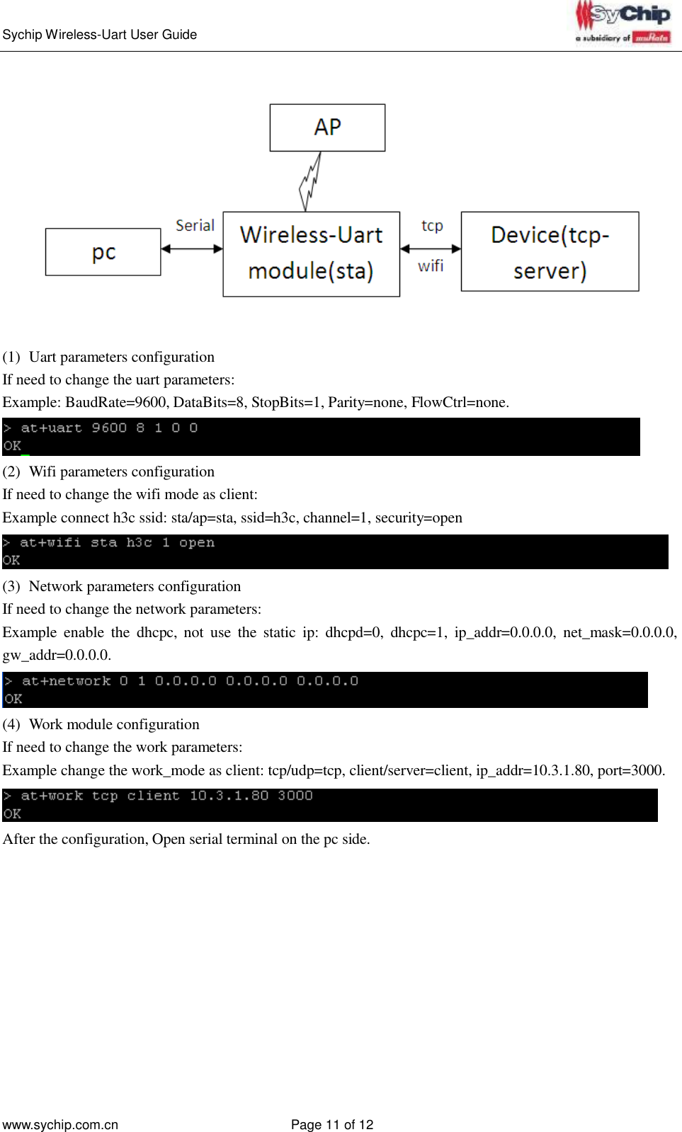   Sychip Wireless-Uart User Guide www.sychip.com.cn Page 11 of 12       (1)  Uart parameters configuration If need to change the uart parameters: Example: BaudRate=9600, DataBits=8, StopBits=1, Parity=none, FlowCtrl=none.  (2)  Wifi parameters configuration If need to change the wifi mode as client: Example connect h3c ssid: sta/ap=sta, ssid=h3c, channel=1, security=open    (3)  Network parameters configuration If need to change the network parameters: Example  enable  the  dhcpc,  not  use  the  static  ip:  dhcpd=0,  dhcpc=1,  ip_addr=0.0.0.0,  net_mask=0.0.0.0, gw_addr=0.0.0.0.   (4)  Work module configuration If need to change the work parameters: Example change the work_mode as client: tcp/udp=tcp, client/server=client, ip_addr=10.3.1.80, port=3000. After the configuration, Open serial terminal on the pc side. 