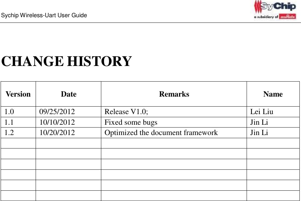   Sychip Wireless-Uart User Guide       CHANGE HISTORY    Version  Date  Remarks  Name 1.0 09/25/2012 Release V1.0; Lei Liu 1.1 10/10/2012 Fixed some bugs Jin Li 1.2 10/20/2012 Optimized the document framework Jin Li                         