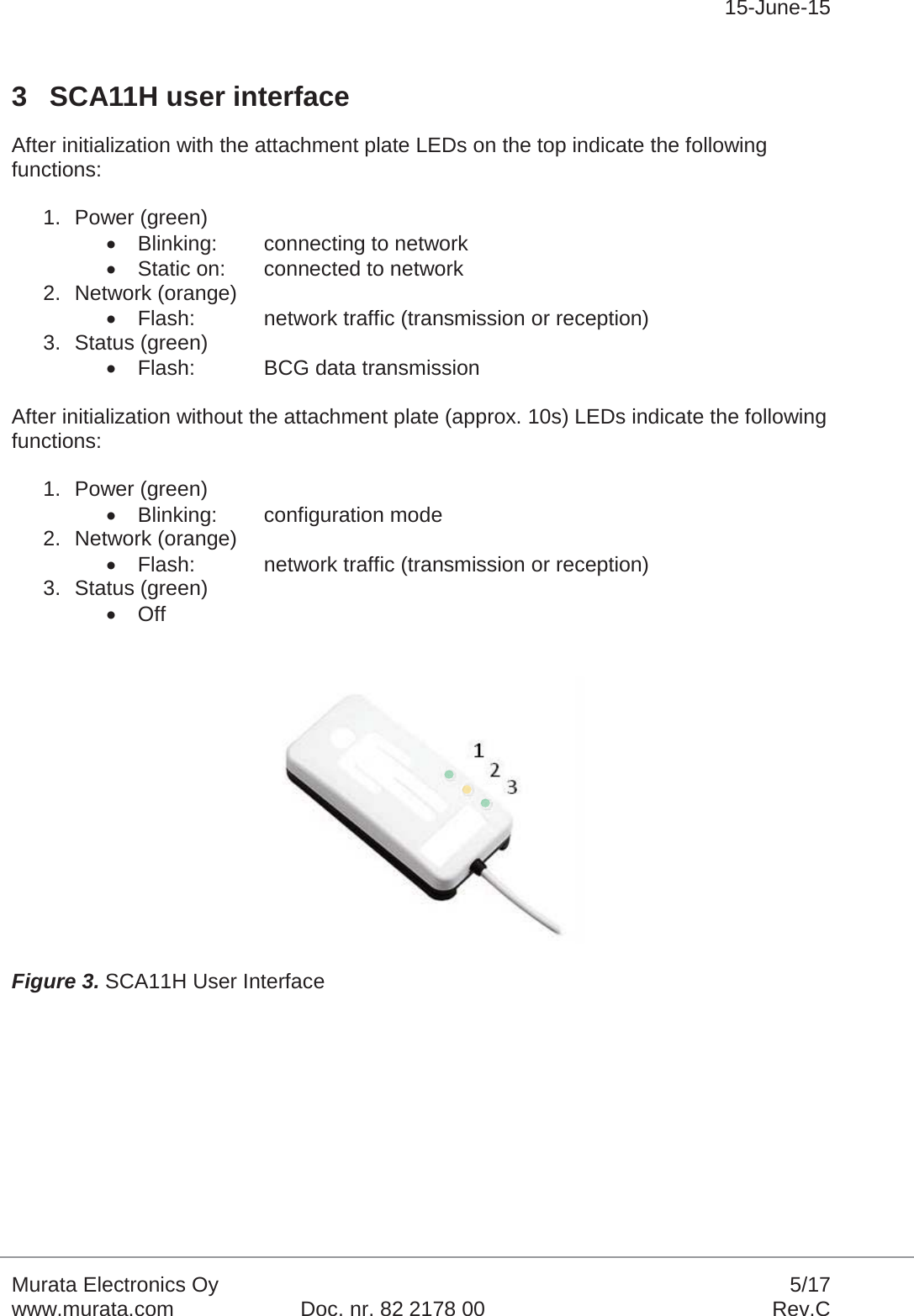 15-June-15Murata Electronics Oy 5/17www.murata.com Doc. nr. 82 2178 00 Rev.C3 SCA11H user interfaceAfter initialization with the attachment plate LEDs on the top indicate the following functions:1. Power (green)xBlinking: connecting to networkxStatic on:  connected to network2. Network (orange)xFlash:  network traffic (transmission or reception)3. Status (green)xFlash: BCG data transmissionAfter initialization without the attachment plate (approx. 10s) LEDs indicate the following functions:1. Power (green)xBlinking: configuration mode2. Network (orange)xFlash:  network traffic (transmission or reception)3. Status (green)xOffFigure 3. SCA11H User Interface