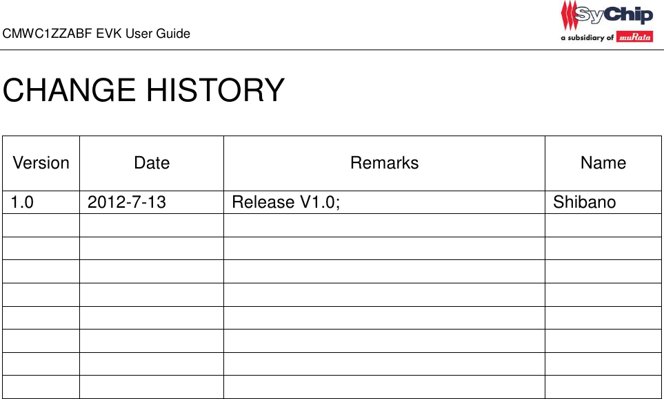 CMWC1ZZABF EVK User Guide                                                                                                                       CHANGE HISTORY  Version Date Remarks Name 1.0 2012-7-13 Release V1.0; Shibano                                  