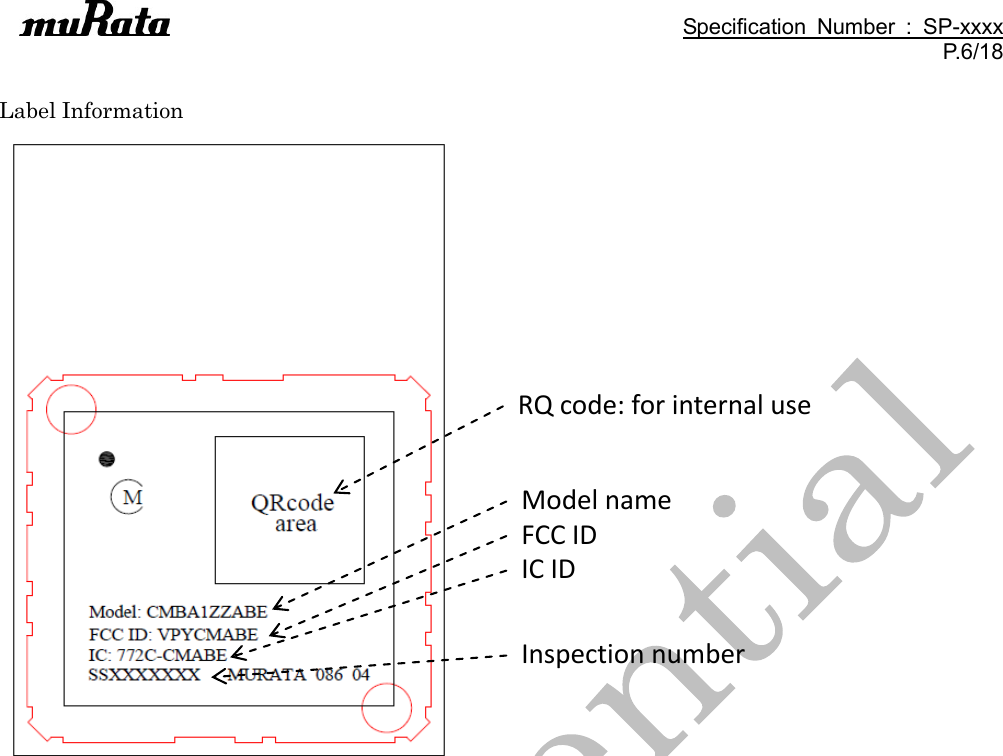                                                                                               Specification  Number  :  SP-xxxx P.6/18  Label Information  RQ code: for internal use Model name FCC ID IC ID Inspection number 