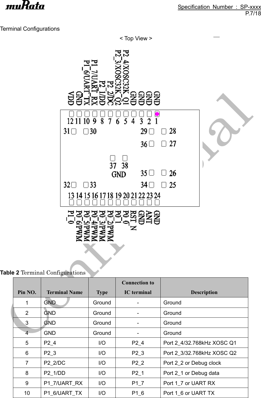                                                                                               Specification  Number  :  SP-xxxx P.7/18  Terminal Configurations &lt; Top View &gt;    Table 2 Terminal Configurations Pin NO. Terminal Name Type Connection to   IC terminal Description 1 GND Ground - Ground 2 GND Ground - Ground 3 GND Ground - Ground 4 GND Ground - Ground 5 P2_4 I/O P2_4 Port 2_4/32.768kHz XOSC Q1 6 P2_3 I/O P2_3 Port 2_3/32.768kHz XOSC Q2 7 P2_2/DC I/O P2_2 Port 2_2 or Debug clock 8 P2_1/DD I/O P2_1 Port 2_1 or Debug data 9 P1_7/UART_RX I/O P1_7 Port 1_7 or UART RX 10 P1_6/UART_TX I/O P1_6 Port 1_6 or UART TX 