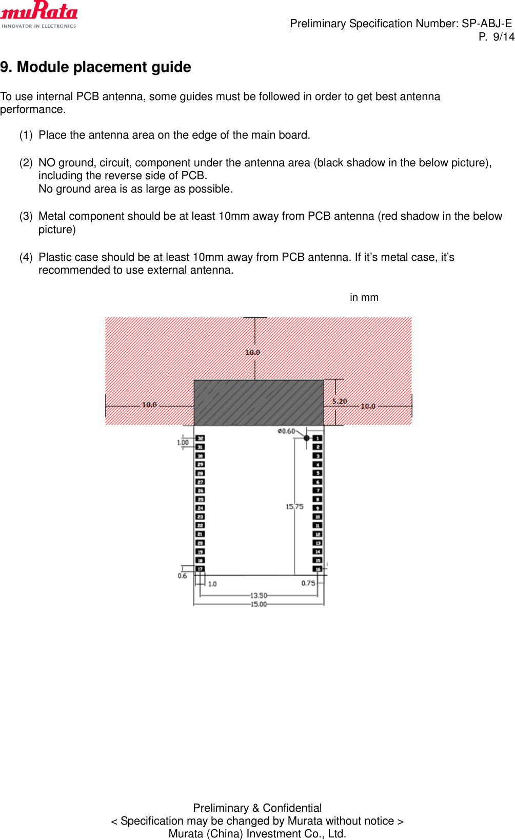                                                                             Preliminary Specification Number: SP-ABJ-E P.  9/14 Preliminary &amp; Confidential &lt; Specification may be changed by Murata without notice &gt; Murata (China) Investment Co., Ltd.  9. Module placement guide    To use internal PCB antenna, some guides must be followed in order to get best antenna           performance.  (1)  Place the antenna area on the edge of the main board.  (2)  NO ground, circuit, component under the antenna area (black shadow in the below picture), including the reverse side of PCB.   No ground area is as large as possible.  (3)  Metal component should be at least 10mm away from PCB antenna (red shadow in the below picture)  (4)  Plastic case should be at least 10mm away from PCB antenna. If it’s metal case, it’s recommended to use external antenna.                                          in mm               