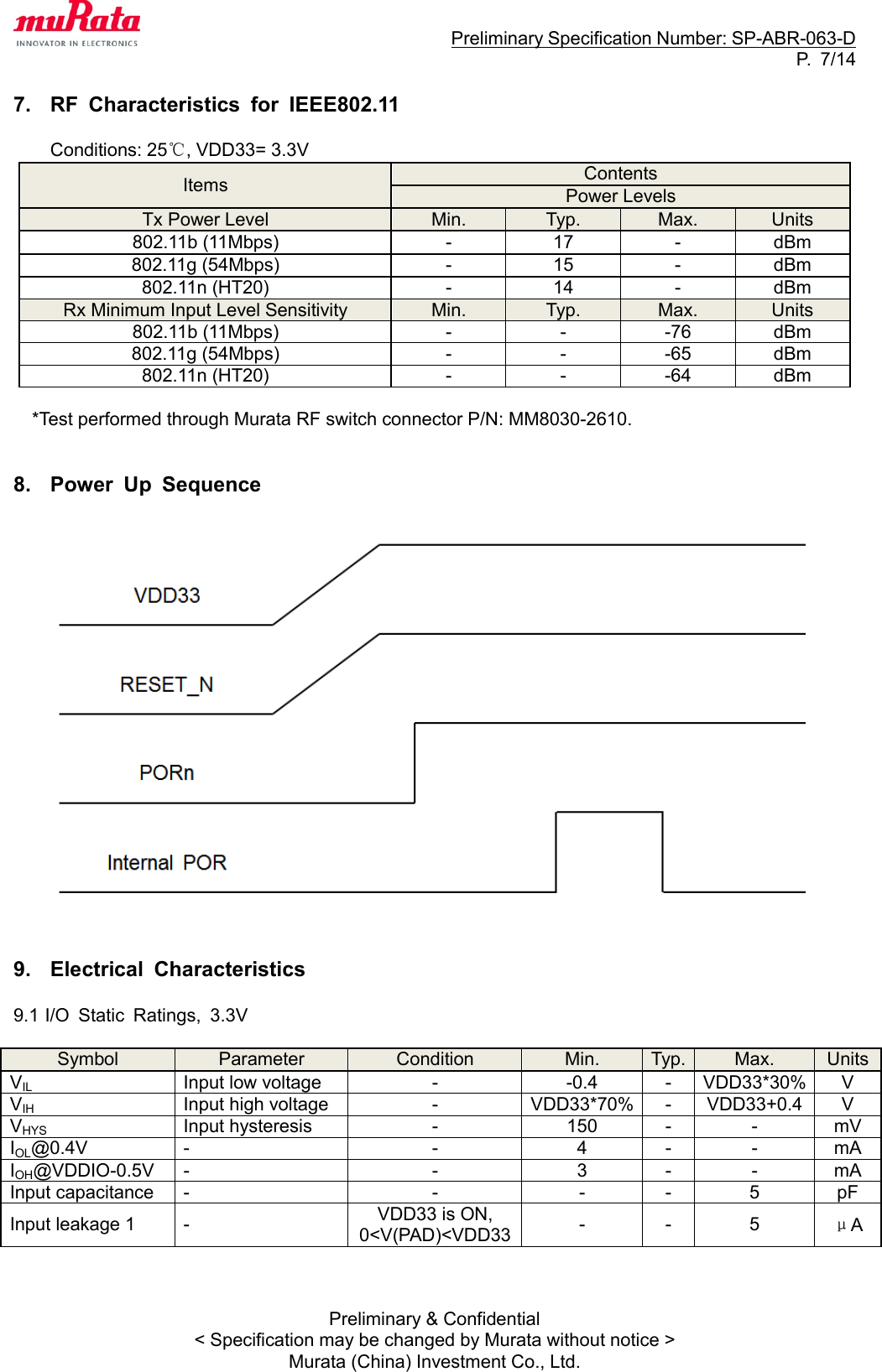                                                                     Preliminary Specification Number: SP-ABR-063-D P.  7/14 Preliminary &amp; Confidential &lt; Specification may be changed by Murata without notice &gt; Murata (China) Investment Co., Ltd.  7.  RF  Characteristics  for  IEEE802.11  Conditions: 25℃, VDD33= 3.3V Items Contents Power Levels Tx Power Level Min. Typ. Max. Units 802.11b (11Mbps) - 17 - dBm 802.11g (54Mbps) - 15 - dBm 802.11n (HT20) - 14 - dBm Rx Minimum Input Level Sensitivity Min. Typ. Max. Units 802.11b (11Mbps) - - -76 dBm 802.11g (54Mbps) - - -65 dBm 802.11n (HT20) - - -64 dBm  *Test performed through Murata RF switch connector P/N: MM8030-2610.   8.  Power  Up  Sequence     9.  Electrical  Characteristics  9.1 I/O  Static  Ratings,  3.3V  Symbol Parameter Condition Min. Typ. Max. Units VIL Input low voltage - -0.4 - VDD33*30% V VIH Input high voltage - VDD33*70% - VDD33+0.4 V VHYS Input hysteresis - 150 - - mV IOL@0.4V - - 4 - - mA IOH@VDDIO-0.5V - - 3 - - mA Input capacitance - - - - 5 pF Input leakage 1 - VDD33 is ON, 0&lt;V(PAD)&lt;VDD33 - - 5 μA   