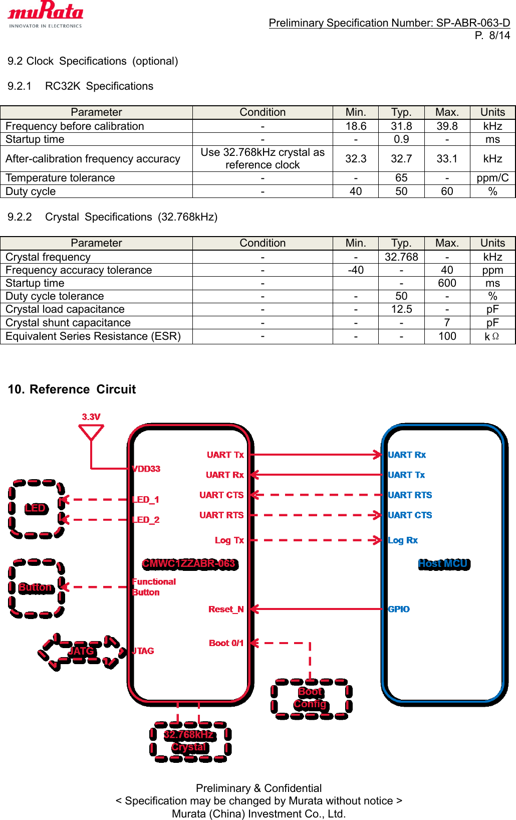                                                                     Preliminary Specification Number: SP-ABR-063-D P.  8/14 Preliminary &amp; Confidential &lt; Specification may be changed by Murata without notice &gt; Murata (China) Investment Co., Ltd.  9.2 Clock  Specifications  (optional)  9.2.1  RC32K  Specifications  Parameter Condition Min. Typ. Max. Units Frequency before calibration - 18.6 31.8 39.8 kHz Startup time - - 0.9 - ms After-calibration frequency accuracy Use 32.768kHz crystal as reference clock 32.3 32.7 33.1 kHz Temperature tolerance - - 65 - ppm/C Duty cycle - 40 50 60 %  9.2.2  Crystal  Specifications  (32.768kHz)  Parameter Condition Min. Typ. Max. Units Crystal frequency - - 32.768 - kHz Frequency accuracy tolerance - -40 - 40 ppm Startup time -  - 600 ms Duty cycle tolerance - - 50 - % Crystal load capacitance - - 12.5 - pF Crystal shunt capacitance - - - 7 pF Equivalent Series Resistance (ESR) - - - 100 kΩ    10. Reference  Circuit    