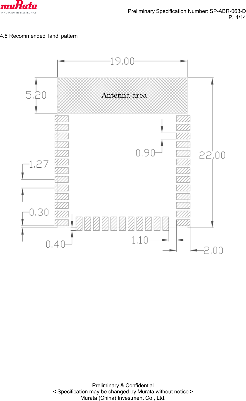                                                                     Preliminary Specification Number: SP-ABR-063-D P.  4/14 Preliminary &amp; Confidential &lt; Specification may be changed by Murata without notice &gt; Murata (China) Investment Co., Ltd.   4.5 Recommended  land  pattern                                Antenna area 