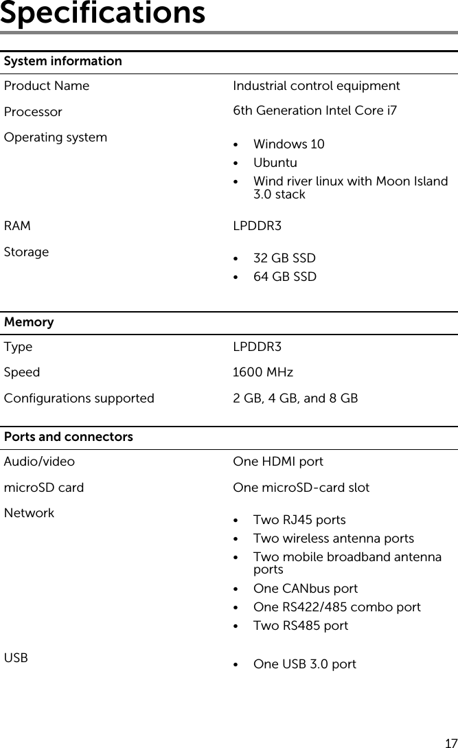 SpecificationsSystem informationProduct Name Industrial control equipmentProcessor 6th Generation Intel Core i7Operating system • Windows 10• Ubuntu• Wind river linux with Moon Island 3.0 stackRAM LPDDR3Storage • 32 GB SSD• 64 GB SSDMemoryType LPDDR3Speed 1600 MHzConfigurations supported 2 GB, 4 GB, and 8 GBPorts and connectorsAudio/video One HDMI portmicroSD card One microSD-card slotNetwork • Two RJ45 ports• Two wireless antenna ports• Two mobile broadband antenna ports• One CANbus port• One RS422/485 combo port• Two RS485 portUSB • One USB 3.0 port17