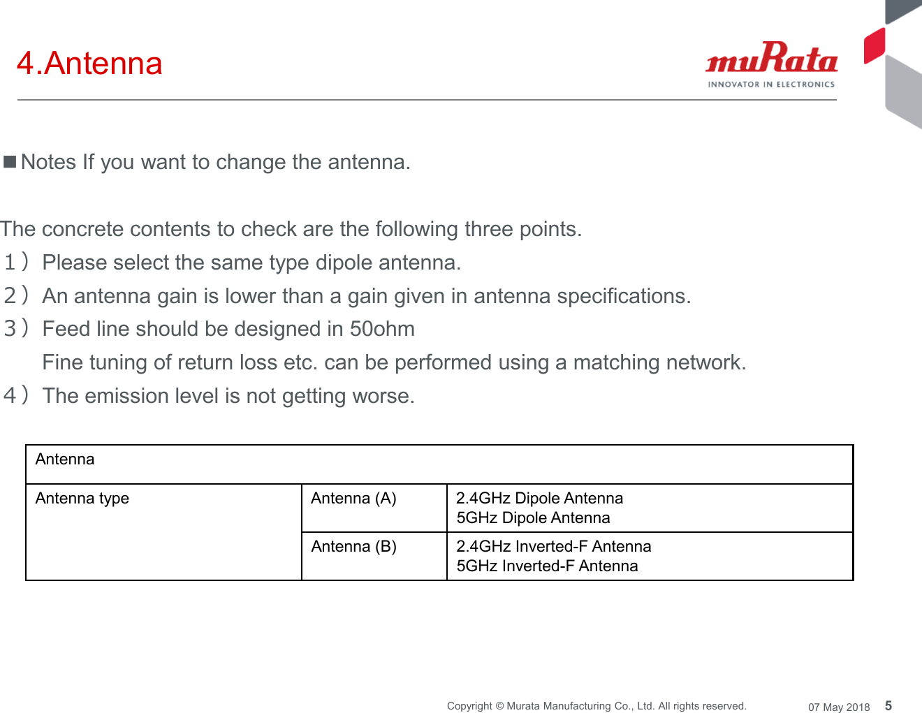 5Copyright © Murata Manufacturing Co., Ltd. All rights reserved. 07 May 20184.Antenna■Notes If you want to change the antenna.The concrete contents to check are the following three points.１）Please select the same type dipole antenna.２）An antenna gain is lower than a gain given in antenna specifications.３）Feed line should be designed in 50ohmFine tuning of return loss etc. can be performed using a matching network.４）The emission level is not getting worse.AntennaAntenna type Antenna (A) 2.4GHz Dipole Antenna5GHz Dipole AntennaAntenna (B) 2.4GHz Inverted-F Antenna5GHz Inverted-F Antenna