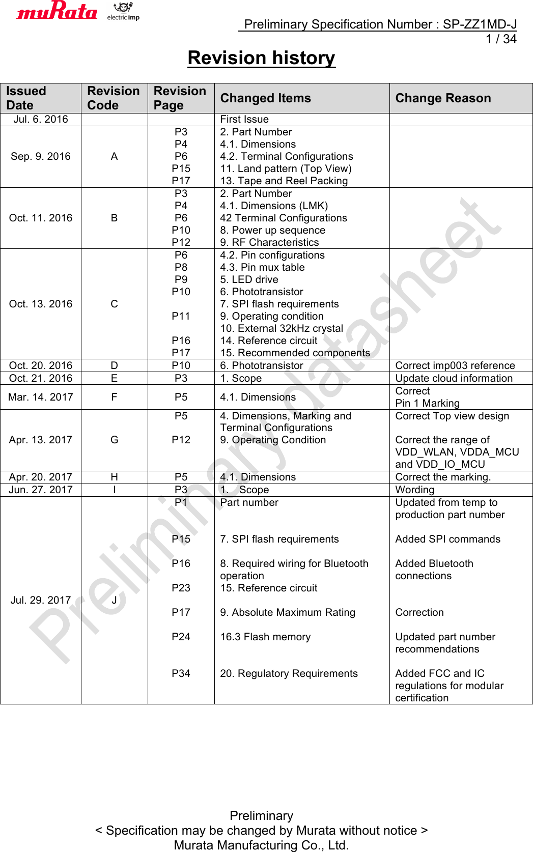     Preliminary Specification Number : SP-ZZ1MD-J   1 / 34 Preliminary &lt; Specification may be changed by Murata without notice &gt; Murata Manufacturing Co., Ltd. Revision history    Issued Date Revision Code Revision Page Changed Items Change Reason Jul. 6. 2016   First Issue  Sep. 9. 2016 A P3 P4 P6 P15 P17 2. Part Number 4.1. Dimensions 4.2. Terminal Configurations 11. Land pattern (Top View) 13. Tape and Reel Packing  Oct. 11. 2016 B P3 P4 P6 P10 P12 2. Part Number 4.1. Dimensions (LMK) 42 Terminal Configurations 8. Power up sequence 9. RF Characteristics  Oct. 13. 2016 C P6 P8 P9 P10  P11  P16 P17 4.2. Pin configurations 4.3. Pin mux table 5. LED drive 6. Phototransistor 7. SPI flash requirements 9. Operating condition 10. External 32kHz crystal 14. Reference circuit 15. Recommended components  Oct. 20. 2016 D P10 6. Phototransistor Correct imp003 reference Oct. 21. 2016 E P3 1. Scope Update cloud information Mar. 14. 2017 F P5 4.1. Dimensions Correct   Pin 1 Marking Apr. 13. 2017 G P5  P12   4. Dimensions, Marking and Terminal Configurations 9. Operating Condition   Correct Top view design  Correct the range of VDD_WLAN, VDDA_MCU and VDD_IO_MCU Apr. 20. 2017 H P5 4.1. Dimensions Correct the marking. Jun. 27. 2017 I P3 1. Scope Wording Jul. 29. 2017 J P1   P15  P16  P23  P17  P24   P34 Part number   7. SPI flash requirements  8. Required wiring for Bluetooth operation 15. Reference circuit  9. Absolute Maximum Rating  16.3 Flash memory   20. Regulatory Requirements Updated from temp to production part number  Added SPI commands  Added Bluetooth connections   Correction  Updated part number recommendations  Added FCC and IC regulations for modular certification        