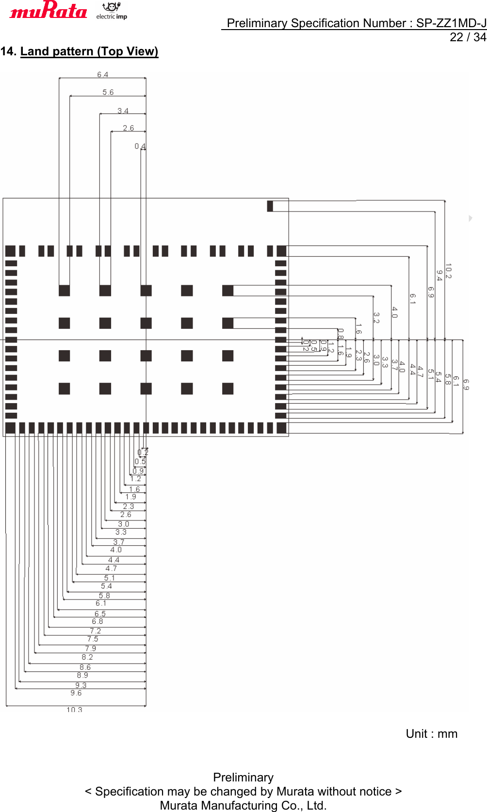     Preliminary Specification Number : SP-ZZ1MD-J  22 / 34 Preliminary &lt; Specification may be changed by Murata without notice &gt; Murata Manufacturing Co., Ltd. 14. Land pattern (Top View)        Unit : mm 