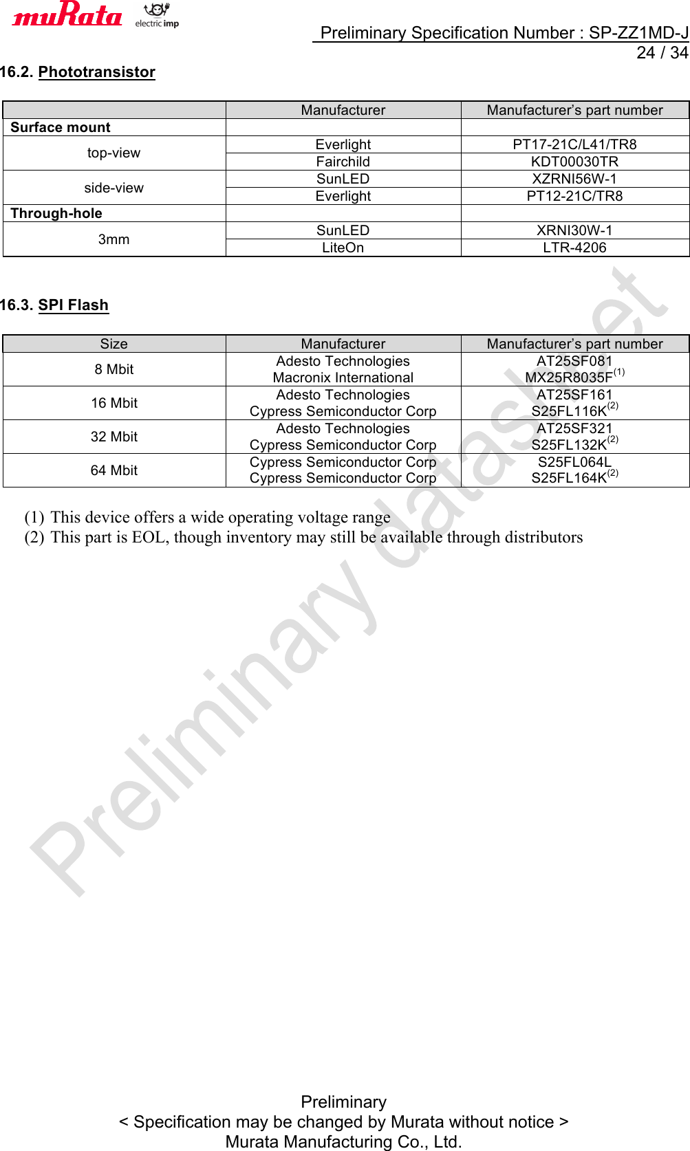     Preliminary Specification Number : SP-ZZ1MD-J  24 / 34 Preliminary &lt; Specification may be changed by Murata without notice &gt; Murata Manufacturing Co., Ltd. 16.2. Phototransistor   Manufacturer Manufacturer’s part number Surface mount   top-view Everlight PT17-21C/L41/TR8 Fairchild KDT00030TR side-view SunLED XZRNI56W-1 Everlight PT12-21C/TR8 Through-hole   3mm SunLED XRNI30W-1 LiteOn LTR-4206   16.3. SPI Flash  Size Manufacturer Manufacturer’s part number 8 Mbit Adesto Technologies Macronix International AT25SF081 MX25R8035F(1) 16 Mbit Adesto Technologies Cypress Semiconductor Corp AT25SF161 S25FL116K(2) 32 Mbit Adesto Technologies Cypress Semiconductor Corp AT25SF321 S25FL132K(2) 64 Mbit Cypress Semiconductor Corp Cypress Semiconductor Corp S25FL064L S25FL164K(2)  (1) This device offers a wide operating voltage range (2) This part is EOL, though inventory may still be available through distributors 