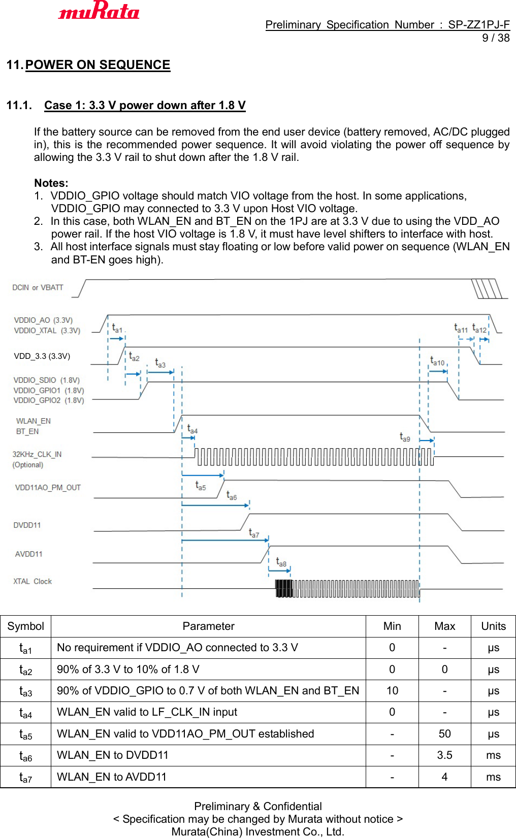                                           Preliminary  Specification  Number  :  SP-ZZ1PJ-F   9 / 38 Preliminary &amp; Confidential &lt; Specification may be changed by Murata without notice &gt; Murata(China) Investment Co., Ltd.    11. POWER ON SEQUENCE   11.1.  Case 1: 3.3 V power down after 1.8 V  If the battery source can be removed from the end user device (battery removed, AC/DC plugged in), this is the recommended power sequence. It will avoid violating the power off sequence by allowing the 3.3 V rail to shut down after the 1.8 V rail.  Notes: 1.  VDDIO_GPIO voltage should match VIO voltage from the host. In some applications, VDDIO_GPIO may connected to 3.3 V upon Host VIO voltage. 2.  In this case, both WLAN_EN and BT_EN on the 1PJ are at 3.3 V due to using the VDD_AO power rail. If the host VIO voltage is 1.8 V, it must have level shifters to interface with host. 3.  All host interface signals must stay floating or low before valid power on sequence (WLAN_EN and BT-EN goes high).    Symbol Parameter Min Max Units ta1 No requirement if VDDIO_AO connected to 3.3 V 0 - μs ta2 90% of 3.3 V to 10% of 1.8 V 0 0 μs ta3 90% of VDDIO_GPIO to 0.7 V of both WLAN_EN and BT_EN 10 - μs ta4 WLAN_EN valid to LF_CLK_IN input 0 - μs ta5 WLAN_EN valid to VDD11AO_PM_OUT established - 50 μs ta6 WLAN_EN to DVDD11 - 3.5 ms ta7 WLAN_EN to AVDD11 - 4 ms VDD_3.3 (3.3V) 