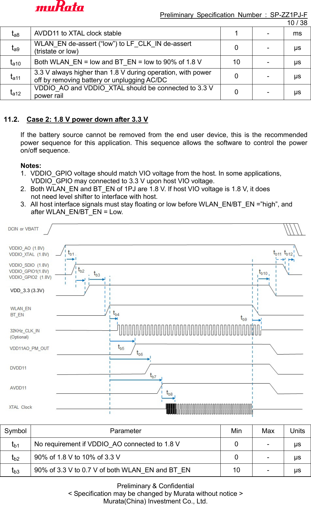                                           Preliminary  Specification  Number  :  SP-ZZ1PJ-F  10 / 38 Preliminary &amp; Confidential &lt; Specification may be changed by Murata without notice &gt; Murata(China) Investment Co., Ltd.   ta8 AVDD11 to XTAL clock stable 1 - ms ta9 WLAN_EN de-assert (“low”) to LF_CLK_IN de-assert (tristate or low) 0 - μs ta10 Both WLAN_EN = low and BT_EN = low to 90% of 1.8 V 10 - μs ta11 3.3 V always higher than 1.8 V during operation, with power off by removing battery or unplugging AC/DC 0 - μs ta12 VDDIO_AO and VDDIO_XTAL should be connected to 3.3 V power rail 0 - μs   11.2.  Case 2: 1.8 V power down after 3.3 V  If  the  battery  source  cannot  be  removed  from  the  end  user  device,  this  is  the  recommended power  sequence  for  this  application.  This  sequence  allows  the  software  to  control  the  power on/off sequence.  Notes: 1.  VDDIO_GPIO voltage should match VIO voltage from the host. In some applications, VDDIO_GPIO may connected to 3.3 V upon host VIO voltage. 2.  Both WLAN_EN and BT_EN of 1PJ are 1.8 V. If host VIO voltage is 1.8 V, it does not need level shifter to interface with host. 3. All host interface signals must stay floating or low before WLAN_EN/BT_EN =”high”, and after WLAN_EN/BT_EN = Low.    Symbol Parameter Min Max Units tb1 No requirement if VDDIO_AO connected to 1.8 V 0 - μs tb2 90% of 1.8 V to 10% of 3.3 V 0 - μs tb3 90% of 3.3 V to 0.7 V of both WLAN_EN and BT_EN 10 - μs VDD_3.3 (3.3V) 