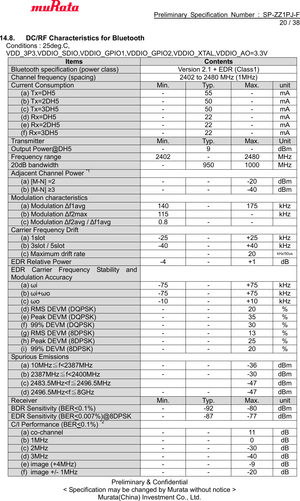                                           Preliminary  Specification  Number  :  SP-ZZ1PJ-F  20 / 38 Preliminary &amp; Confidential &lt; Specification may be changed by Murata without notice &gt; Murata(China) Investment Co., Ltd.    14.8.  DC/RF Characteristics for Bluetooth Conditions : 25deg.C,   VDD_3P3,VDDIO_SDIO,VDDIO_GPIO1,VDDIO_GPIO2,VDDIO_XTAL,VDDIO_AO=3.3V Items Contents Bluetooth specification (power class) Version 2.1 + EDR (Class1) Channel frequency (spacing) 2402 to 2480 MHz (1MHz) Current Consumption Min. Typ. Max. unit       (a) Tx=DH5   - 55 - mA       (b) Tx=2DH5   - 50 - mA       (c) Tx=3DH5   - 50 - mA       (d) Rx=DH5   - 22 - mA       (e) Rx=2DH5   - 22 - mA       (f) Rx=3DH5   - 22 - mA Transmitter Min. Typ. Max. Unit Output Power@DH5   - 9 - dBm Frequency range 2402 - 2480 MHz 20dB bandwidth - 950 1000 MHz Adjacent Channel Power *1        (a) [M-N] =2 - - -20 dBm       (b) [M-N] ≥3 - - -40 dBm Modulation characteristics        (a) Modulation Δf1avg 140 - 175 kHz       (b) Modulation Δf2max 115  - kHz       (c) Modulation Δf2avg / Δf1avg 0.8 - -  Carrier Frequency Drift        (a) 1slot -25 - +25 kHz       (b) 3slot / 5slot -40 - +40 kHz       (c) Maximum drift rate  - 20 kHz/50us EDR Relative Power -4 - +1 dB EDR  Carrier  Frequency  Stability  and Modulation Accuracy        (a) ωi -75 - +75 kHz       (b) ωi+ωo -75 - +75 kHz       (c) ωo -10 - +10 kHz       (d) RMS DEVM (DQPSK) - - 20 %       (e) Peak DEVM (DQPSK) - - 35 %       (f)  99% DEVM (DQPSK) - - 30 %       (g) RMS DEVM (8DPSK) - - 13 %       (h) Peak DEVM (8DPSK) - - 25 %       (i)  99% DEVM (8DPSK)   -   - 20 % Spurious Emissions        (a) 10MHz≦f&lt;2387MHz - - -36 dBm       (b) 2387MHz≦f&lt;2400MHz - - -30 dBm       (c) 2483.5MHz&lt;f≦2496.5MHz   -47 dBm       (d) 2496.5MHz&lt;f≦8GHz - - -47 dBm Receiver Min. Typ. Max. unit BDR Sensitivity (BER&lt;0.1%) - -92 -80 dBm EDR Sensitivity (BER&lt;0.007%)@8DPSK - -87 -77 dBm C/I Performance (BER&lt;0.1%) *2        (a) co-channel - - 11 dB       (b) 1MHz - - 0 dB       (c) 2MHz - - -30 dB       (d) 3MHz - - -40 dB       (e) image (+4MHz) - - -9 dB       (f)  image +/- 1MHz - - -20 dB 