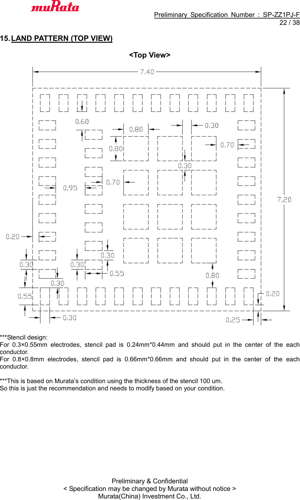                                           Preliminary  Specification  Number  :  SP-ZZ1PJ-F  22 / 38 Preliminary &amp; Confidential &lt; Specification may be changed by Murata without notice &gt; Murata(China) Investment Co., Ltd.    15. LAND PATTERN (TOP VIEW)  &lt;Top View&gt;    ***Stencil design: For  0.3×0.55mm  electrodes,  stencil  pad  is  0.24mm*0.44mm  and  should  put  in  the  center  of  the  each conductor. For  0.8×0.8mm  electrodes,  stencil  pad  is  0.66mm*0.66mm  and  should  put  in  the  center  of  the  each conductor.  ***This is based on Murata’s condition using the thickness of the stencil 100 um.   So this is just the recommendation and needs to modify based on your condition.