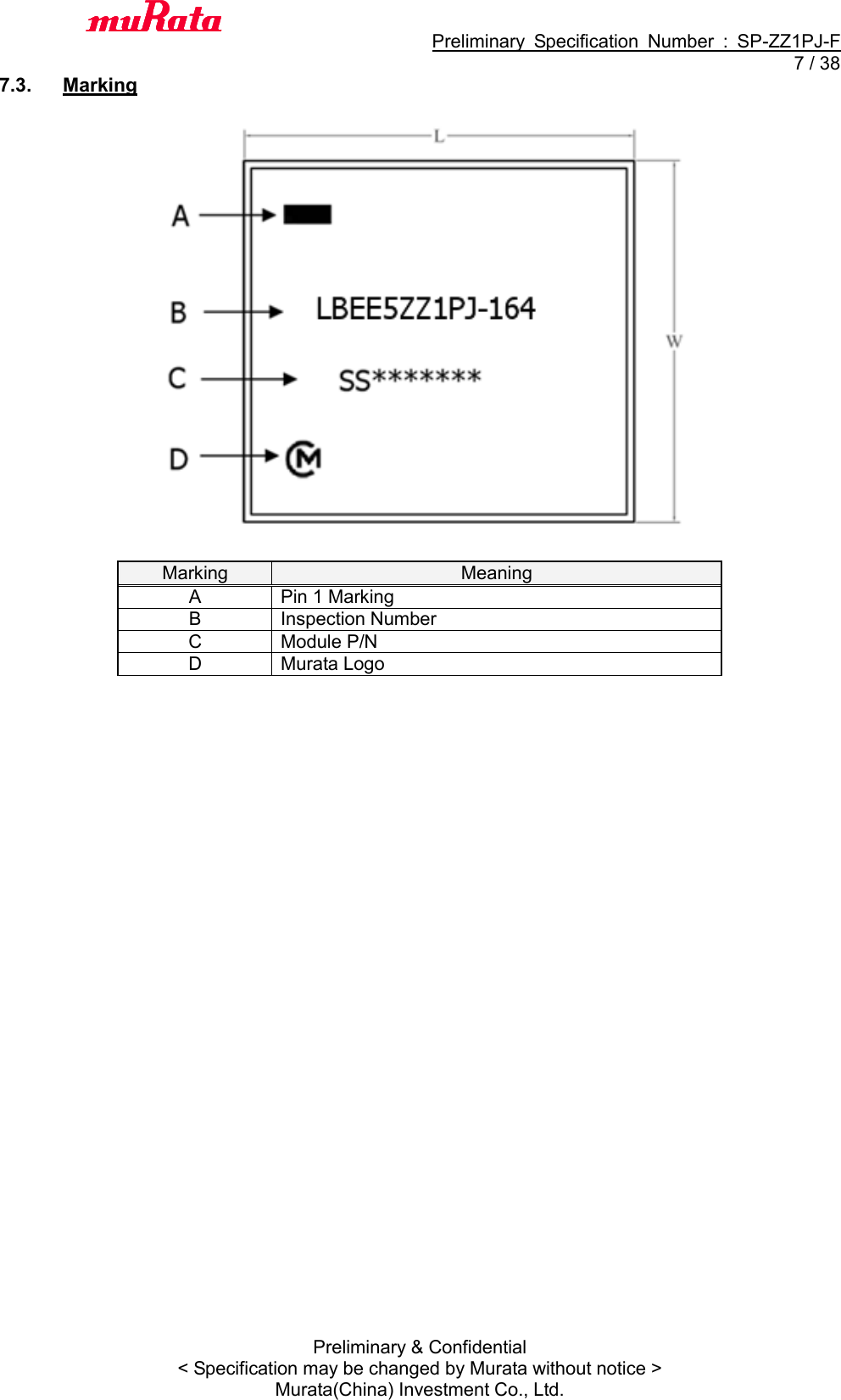                                           Preliminary  Specification  Number  :  SP-ZZ1PJ-F   7 / 38 Preliminary &amp; Confidential &lt; Specification may be changed by Murata without notice &gt; Murata(China) Investment Co., Ltd.   7.3.  Marking  Marking Meaning A Pin 1 Marking B Inspection Number C Module P/N D Murata Logo  