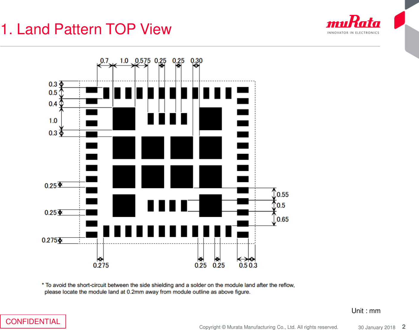 2Copyright © Murata Manufacturing Co., Ltd. All rights reserved. 30 January 2018CONFIDENTIAL1. Land Pattern TOP ViewUnit : mm