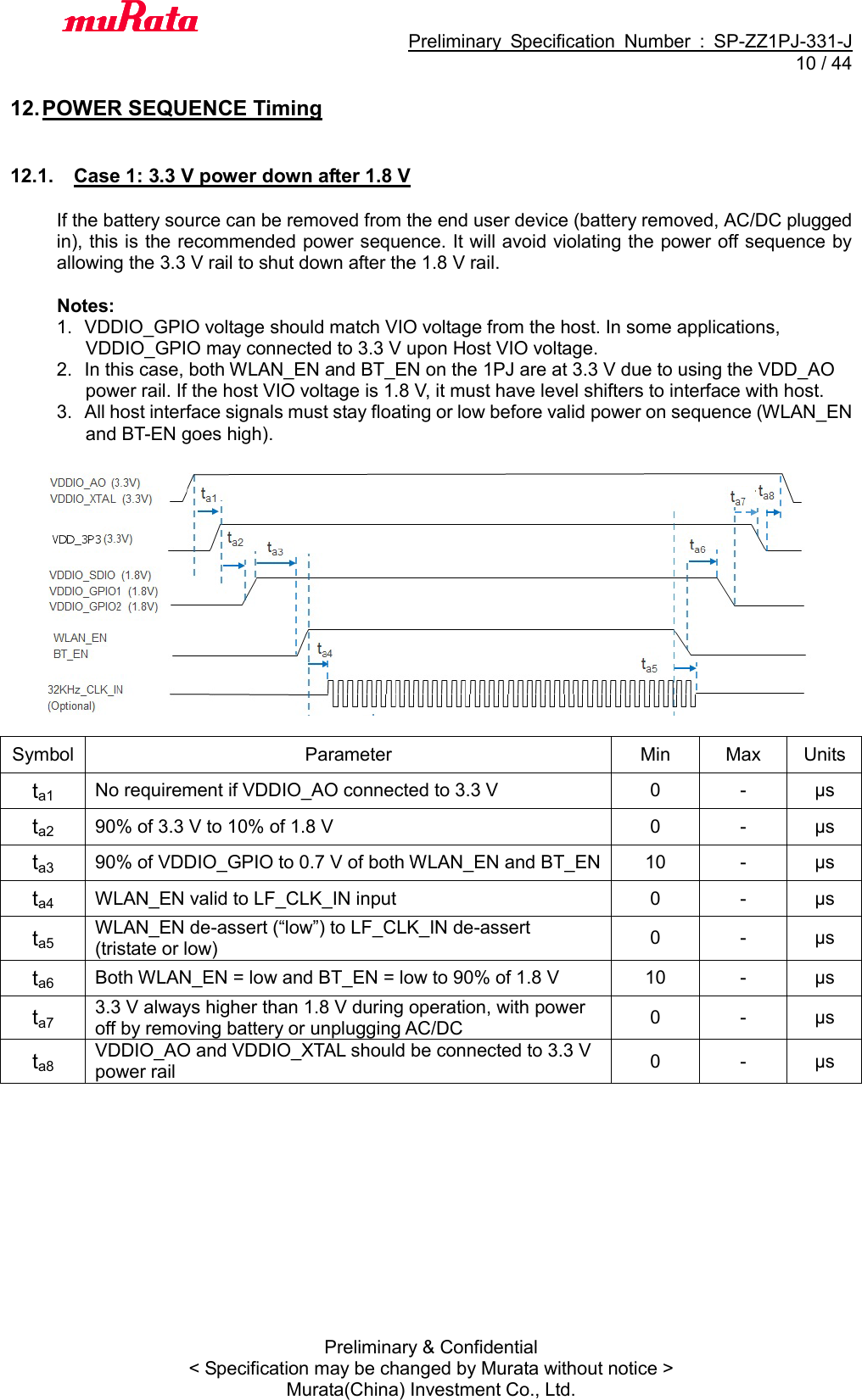                                           Preliminary  Specification  Number  :  SP-ZZ1PJ-331-J  10 / 44 Preliminary &amp; Confidential &lt; Specification may be changed by Murata without notice &gt; Murata(China) Investment Co., Ltd.    12. POWER SEQUENCE Timing   12.1.  Case 1: 3.3 V power down after 1.8 V  If the battery source can be removed from the end user device (battery removed, AC/DC plugged in), this is the recommended power sequence. It will avoid violating the power off sequence by allowing the 3.3 V rail to shut down after the 1.8 V rail.  Notes: 1.  VDDIO_GPIO voltage should match VIO voltage from the host. In some applications, VDDIO_GPIO may connected to 3.3 V upon Host VIO voltage. 2.  In this case, both WLAN_EN and BT_EN on the 1PJ are at 3.3 V due to using the VDD_AO power rail. If the host VIO voltage is 1.8 V, it must have level shifters to interface with host. 3.  All host interface signals must stay floating or low before valid power on sequence (WLAN_EN and BT-EN goes high).    Symbol Parameter Min Max Units ta1 No requirement if VDDIO_AO connected to 3.3 V 0 - μs ta2 90% of 3.3 V to 10% of 1.8 V 0 - μs ta3 90% of VDDIO_GPIO to 0.7 V of both WLAN_EN and BT_EN 10 - μs ta4 WLAN_EN valid to LF_CLK_IN input 0 - μs ta5 WLAN_EN de-assert (“low”) to LF_CLK_IN de-assert (tristate or low) 0 - μs ta6 Both WLAN_EN = low and BT_EN = low to 90% of 1.8 V 10 - μs ta7 3.3 V always higher than 1.8 V during operation, with power off by removing battery or unplugging AC/DC 0 - μs ta8 VDDIO_AO and VDDIO_XTAL should be connected to 3.3 V power rail 0 - μs  