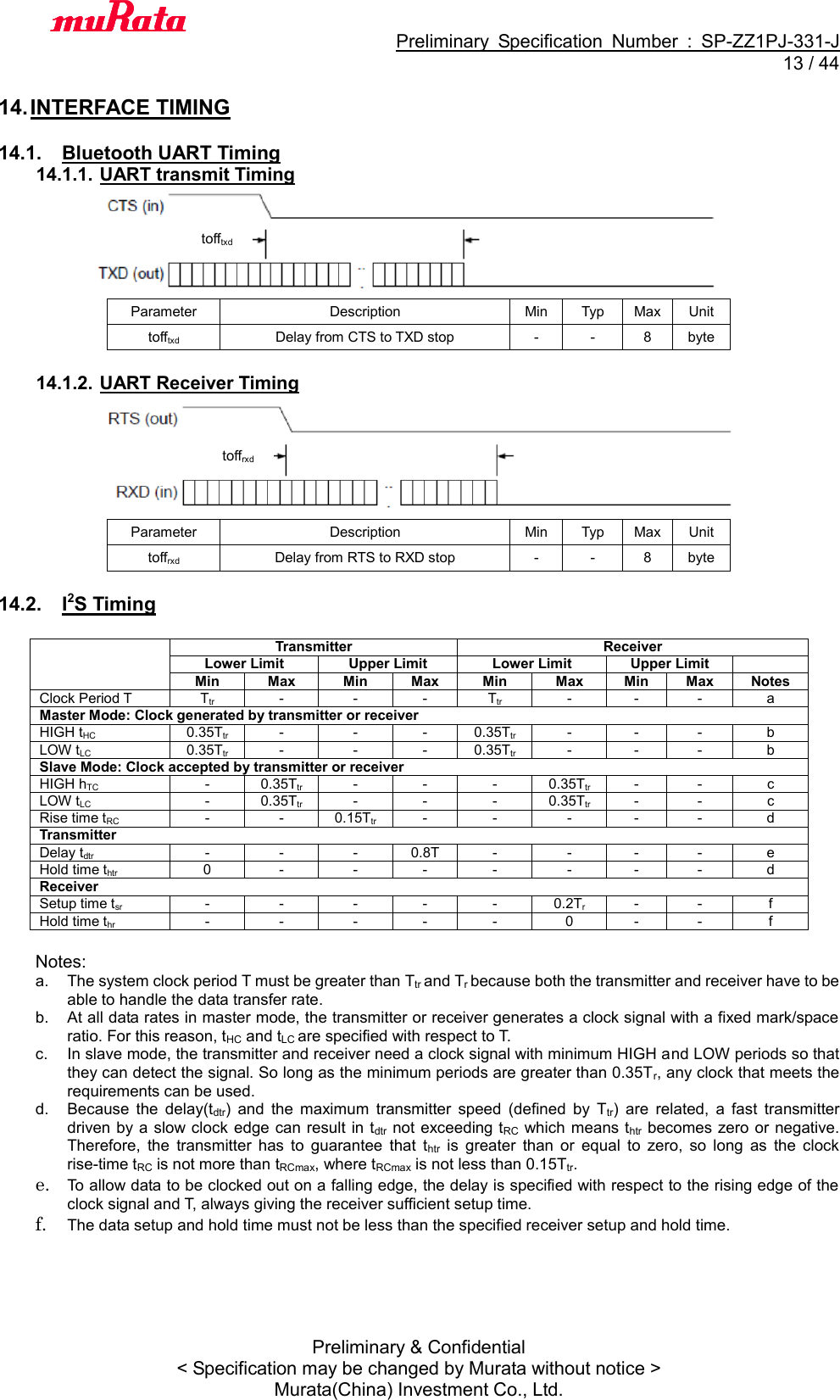                                           Preliminary  Specification  Number  :  SP-ZZ1PJ-331-J  13 / 44 Preliminary &amp; Confidential &lt; Specification may be changed by Murata without notice &gt; Murata(China) Investment Co., Ltd.    14. INTERFACE TIMING  14.1.  Bluetooth UART Timing 14.1.1. UART transmit Timing  Parameter Description Min Typ Max Unit tofftxd Delay from CTS to TXD stop - - 8 byte    14.1.2. UART Receiver Timing  Parameter Description Min Typ Max Unit toffrxd Delay from RTS to RXD stop - - 8 byte  14.2.  I2S Timing   Transmitter Receiver Lower Limit Upper Limit Lower Limit Upper Limit  Min Max Min Max Min Max Min Max Notes Clock Period T Ttr - - - Ttr - - - a Master Mode: Clock generated by transmitter or receiver HIGH tHC 0.35Ttr - - - 0.35Ttr - - - b LOW tLC 0.35Ttr - - - 0.35Ttr - - - b Slave Mode: Clock accepted by transmitter or receiver HIGH hTC - 0.35Ttr - - - 0.35Ttr - - c LOW tLC - 0.35Ttr - - - 0.35Ttr - - c Rise time tRC - - 0.15Ttr - - - - - d Transmitter Delay tdtr - - - 0.8T - - - - e Hold time thtr 0 - - - - - - - d Receiver Setup time tsr - - - - - 0.2Tr - - f Hold time thr - - - - - 0 - - f  Notes:   a.  The system clock period T must be greater than Ttr and Tr because both the transmitter and receiver have to be able to handle the data transfer rate. b.  At all data rates in master mode, the transmitter or receiver generates a clock signal with a fixed mark/space ratio. For this reason, tHC and tLC are specified with respect to T. c.  In slave mode, the transmitter and receiver need a clock signal with minimum HIGH and LOW periods so that they can detect the signal. So long as the minimum periods are greater than 0.35Tr, any clock that meets the requirements can be used. d.  Because  the  delay(tdtr)  and  the  maximum  transmitter  speed  (defined  by  Ttr)  are  related,  a  fast  transmitter driven by a  slow clock edge can  result in tdtr not exceeding tRC which means thtr becomes zero or negative. Therefore,  the  transmitter  has  to  guarantee  that  thtr  is  greater  than  or  equal  to  zero,  so  long  as  the  clock rise-time tRC is not more than tRCmax, where tRCmax is not less than 0.15Ttr. e. To allow data to be clocked out on a falling edge, the delay is specified with respect to the rising edge of the clock signal and T, always giving the receiver sufficient setup time. f. The data setup and hold time must not be less than the specified receiver setup and hold time.     tofftxd toffrxd 