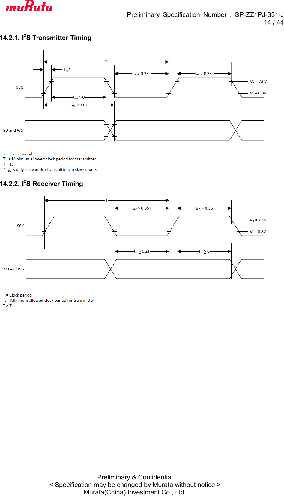                                           Preliminary  Specification  Number  :  SP-ZZ1PJ-331-J  14 / 44 Preliminary &amp; Confidential &lt; Specification may be changed by Murata without notice &gt; Murata(China) Investment Co., Ltd.    14.2.1. I2S Transmitter Timing    14.2.2. I2S Receiver Timing   