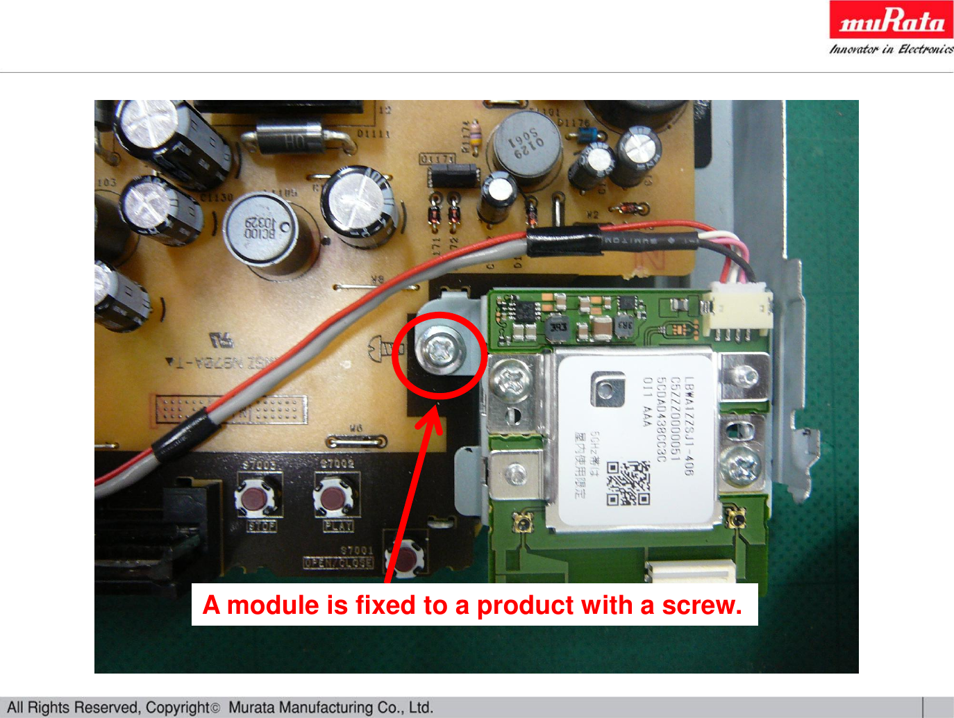 A module is fixed to a product with a screw.