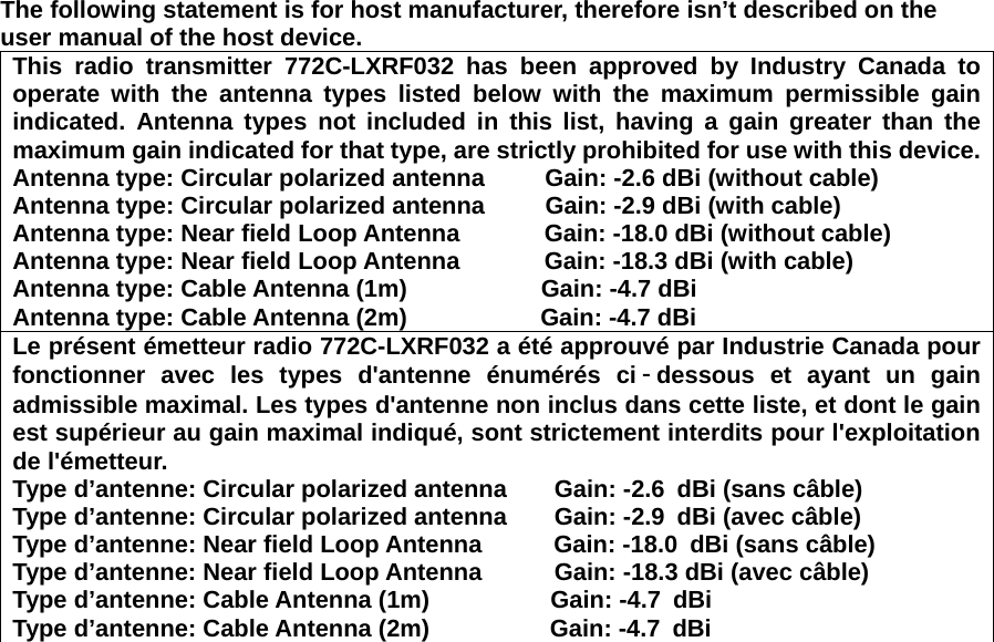 The following statement is for host manufacturer, therefore isn’t described on the user manual of the host device. This radio transmitter 772C-LXRF032 has been approved by Industry Canada to operate with the antenna types listed below with the maximum permissible gain indicated. Antenna types not included in this list, having a gain greater than the maximum gain indicated for that type, are strictly prohibited for use with this device.Antenna type: Circular polarized antenna    Gain: -2.6 dBi (without cable) Antenna type: Circular polarized antenna          Gain: -2.9 dBi (with cable) Antenna type: Near field Loop Antenna       Gain: -18.0 dBi (without cable) Antenna type: Near field Loop Antenna       Gain: -18.3 dBi (with cable) Antenna type: Cable Antenna (1m)           Gain: -4.7 dBi Antenna type: Cable Antenna (2m)           Gain:-4.7 dBi Le présent émetteur radio 772C-LXRF032 a été approuvé par Industrie Canada pour fonctionner avec les types d&apos;antenne énumérés ci‑dessous et ayant un gain admissible maximal. Les types d&apos;antenne non inclus dans cette liste, et dont le gain est supérieur au gain maximal indiqué, sont strictement interdits pour l&apos;exploitation de l&apos;émetteur. Type d’antenne: Circular polarized antenna        Gain: -2.6 dBi (sans câble) Type d’antenne: Circular polarized antenna        Gain: -2.9 dBi (avec câble) Type d’antenne: Near field Loop Antenna            Gain: -18.0 dBi (sans câble) Type d’antenne: Near field Loop Antenna       Gain: -18.3 dBi (avec câble) Type d’antenne: Cable Antenna (1m)          Gain: -4.7 dBi Type d’antenne: Cable Antenna (2m)          Gain: -4.7 dBi   