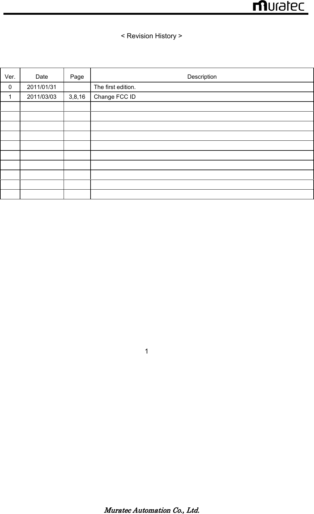  Muratec Automation Co., Ltd.Muratec Automation Co., Ltd.Muratec Automation Co., Ltd.Muratec Automation Co., Ltd.     < Revision History >   Ver. Date  Page  Description 0  2011/01/31    The first edition. 1  2011/03/03  3,8,16 Change FCC ID                                                                       1 