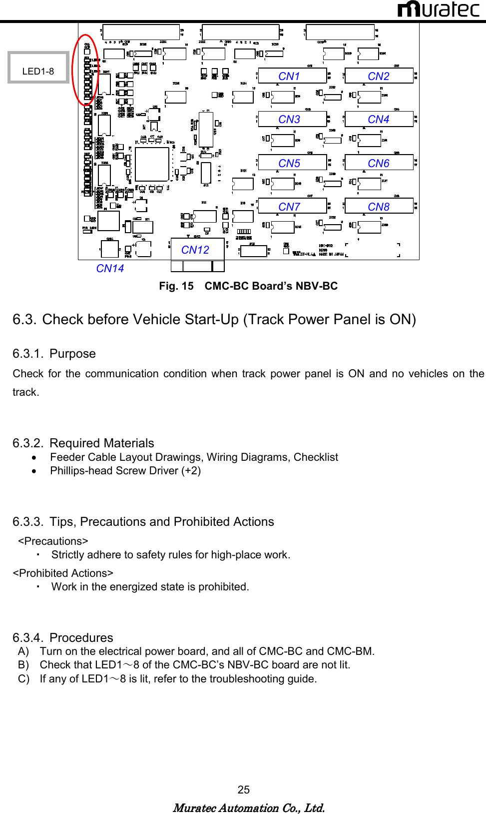   Muratec Automation Co., Ltd.Muratec Automation Co., Ltd.Muratec Automation Co., Ltd.Muratec Automation Co., Ltd.    25  Fig. 15    CMC-BC Board&rsquo;s NBV-BC    6.3. Check before Vehicle Start-Up (Track Power Panel is ON)  6.3.1.  Purpose Check  for  the  communication  condition  when  track  power  panel  is  ON  and  no  vehicles  on  the track.   6.3.2.  Required Materials &bull;  Feeder Cable Layout Drawings, Wiring Diagrams, Checklist   &bull;  Phillips-head Screw Driver (+2)   6.3.3.  Tips, Precautions and Prohibited Actions <Precautions> ・ Strictly adhere to safety rules for high-place work. <Prohibited Actions>   ・ Work in the energized state is prohibited.     6.3.4.  Procedures A)  Turn on the electrical power board, and all of CMC-BC and CMC-BM. B)  Check that LED1～8 of the CMC-BC&rsquo;s NBV-BC board are not lit. C)  If any of LED1～8 is lit, refer to the troubleshooting guide. LED1-8 CN1  CN2 CN3  CN4 CN5  CN6 CN7 CN8 CN12 CN14 