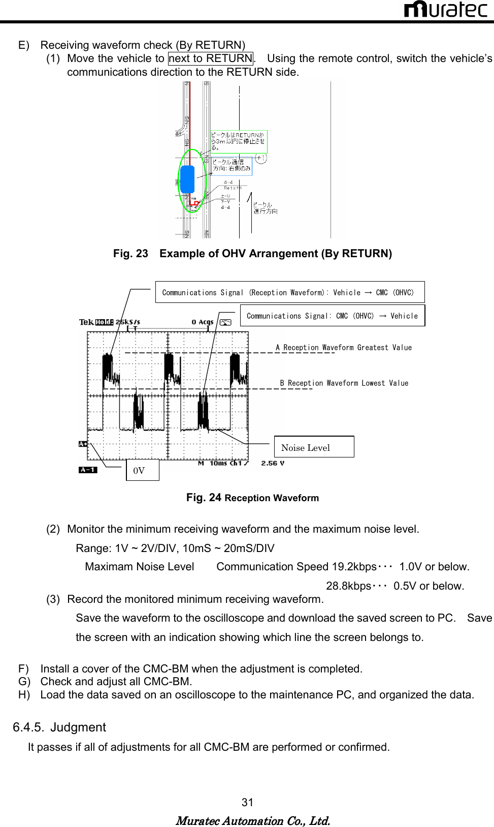   Muratec Automation Co., Ltd.Muratec Automation Co., Ltd.Muratec Automation Co., Ltd.Muratec Automation Co., Ltd.    31  E)  Receiving waveform check (By RETURN) (1)  Move the vehicle to next to RETURN.    Using the remote control, switch the vehicle&rsquo;s communications direction to the RETURN side.  Fig. 23    Example of OHV Arrangement (By RETURN)   Communications Signal (Reception Waveform): Vehicle &rarr; CMC (OHVC) Communications Signal: CMC (OHVC) &rarr; Vehicle Noise Level 0V B Reception Waveform Lowest Value  A Reception Waveform Greatest Value   Fig. 24 Reception Waveform  (2)  Monitor the minimum receiving waveform and the maximum noise level. Range: 1V ~ 2V/DIV, 10mS ~ 20mS/DIV Maximam Noise Level    Communication Speed 19.2kbps･･･  1.0V or below.                                                   28.8kbps･･･  0.5V or below. (3)  Record the monitored minimum receiving waveform. Save the waveform to the oscilloscope and download the saved screen to PC.    Save the screen with an indication showing which line the screen belongs to.  F)  Install a cover of the CMC-BM when the adjustment is completed. G)  Check and adjust all CMC-BM. H)  Load the data saved on an oscilloscope to the maintenance PC, and organized the data.  6.4.5.  Judgment It passes if all of adjustments for all CMC-BM are performed or confirmed.   
