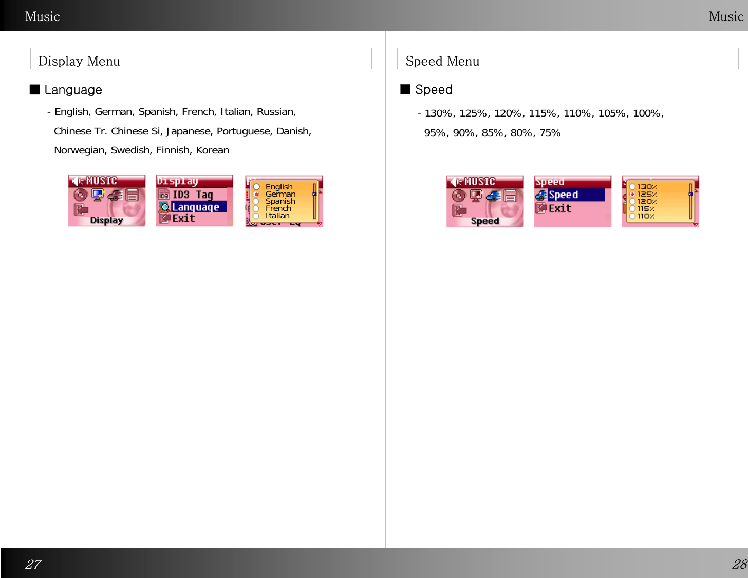 Speed MenuMusic  Music ■ LanguageDisplay Menu- English, German, Spanish, French, Italian, Russian, Chinese Tr. Chinese Si, Japanese, Portuguese, Danish, Norwegian, Swedish, Finnish, Korean  ■ Speed- 130%, 125%, 120%, 115%, 110%, 105%, 100%, 95%, 90%, 85%, 80%, 75%  27 28EnglishGermanSpanishFrenchItalian