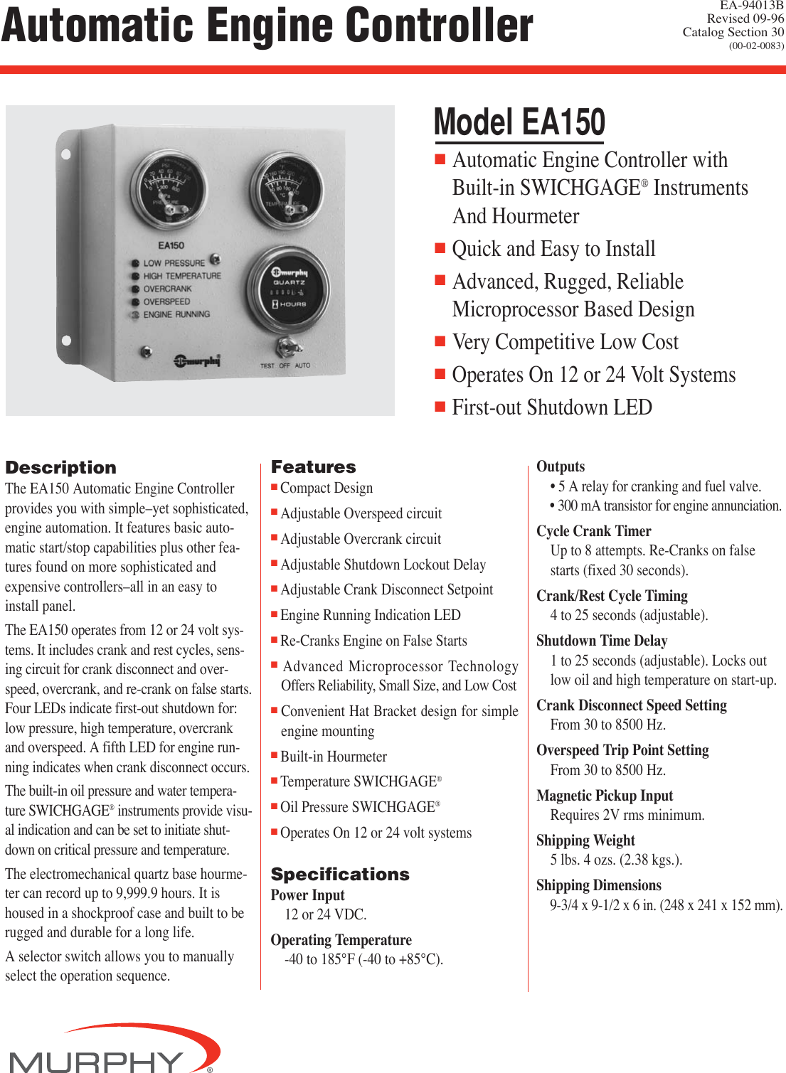 Page 1 of 2 - Murphy Murphy-Automatic-Engine-Controller-Ea150-Users-ManualEA-94013B Art NEW  Murphy-automatic-engine-controller-ea150-users-manual