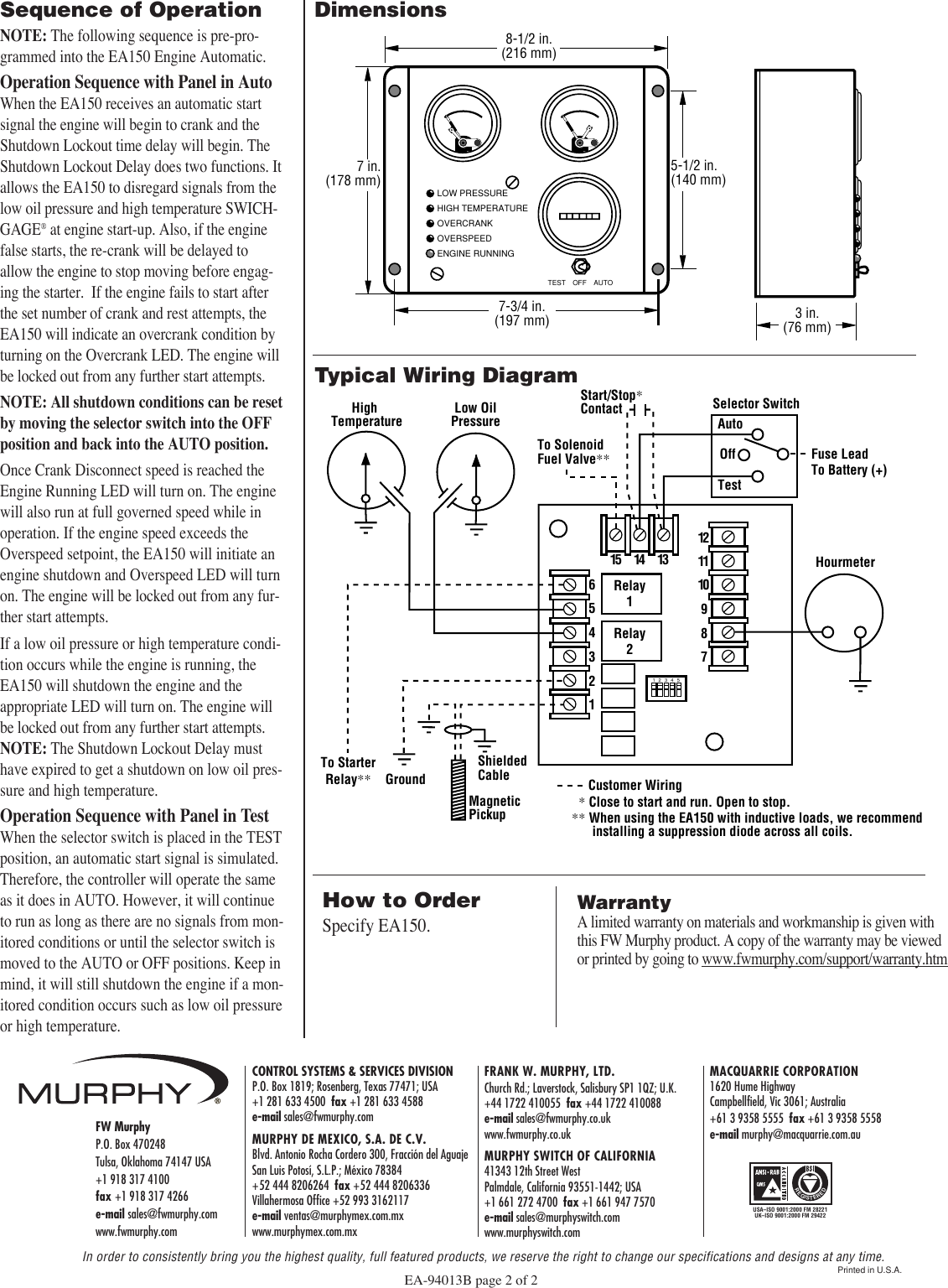 Page 2 of 2 - Murphy Murphy-Automatic-Engine-Controller-Ea150-Users-ManualEA-94013B Art NEW  Murphy-automatic-engine-controller-ea150-users-manual