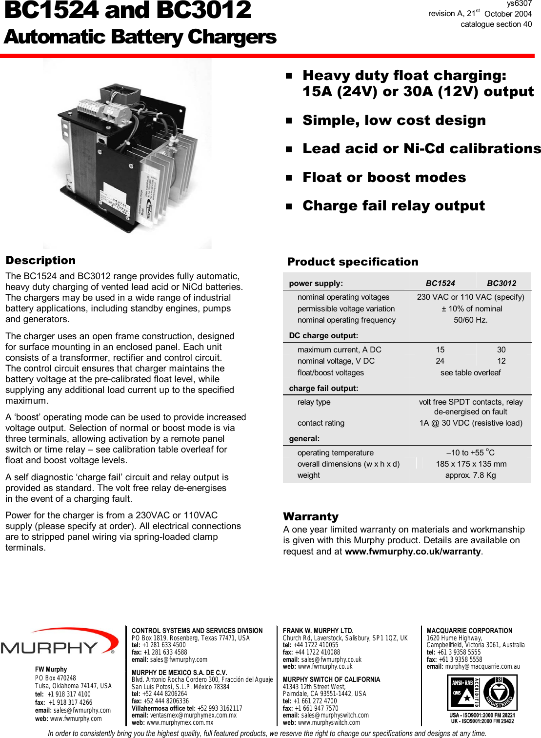 Page 1 of 2 - Murphy Murphy-Bc1524-Users-Manual- BC1524 And BC3012 Battery Charger Bulletin  Murphy-bc1524-users-manual