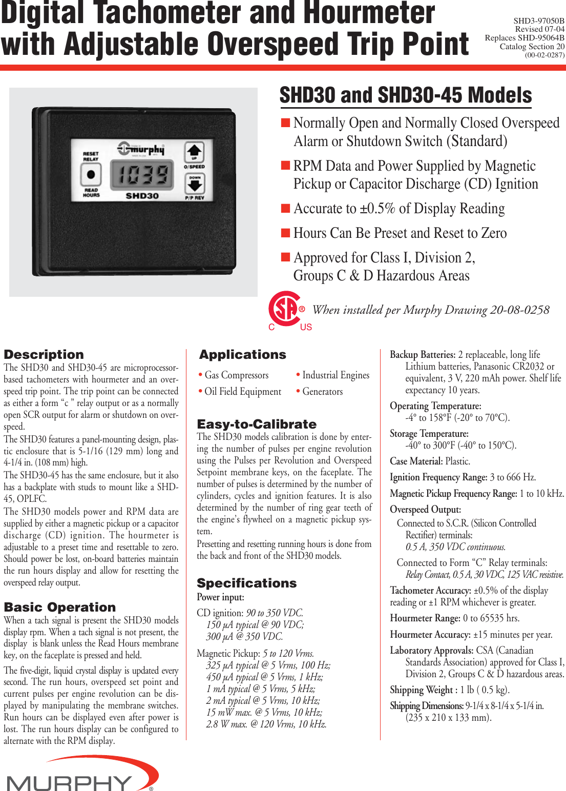 Page 1 of 2 - Murphy Murphy-Digital-Tach-Hourmeter-With-Overspeed-Trip-Point-Shd30-Users-Manual- SHD3-97050B Art NEW  Murphy-digital-tach-hourmeter-with-overspeed-trip-point-shd30-users-manual