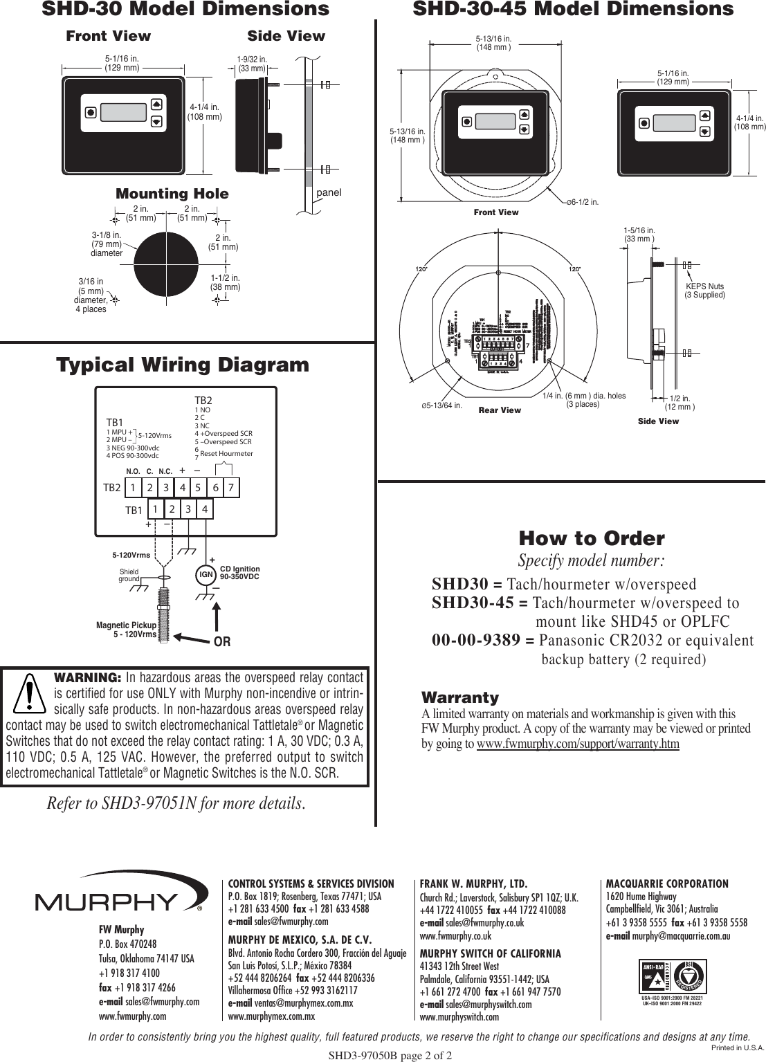 Page 2 of 2 - Murphy Murphy-Digital-Tach-Hourmeter-With-Overspeed-Trip-Point-Shd30-Users-Manual- SHD3-97050B Art NEW  Murphy-digital-tach-hourmeter-with-overspeed-trip-point-shd30-users-manual