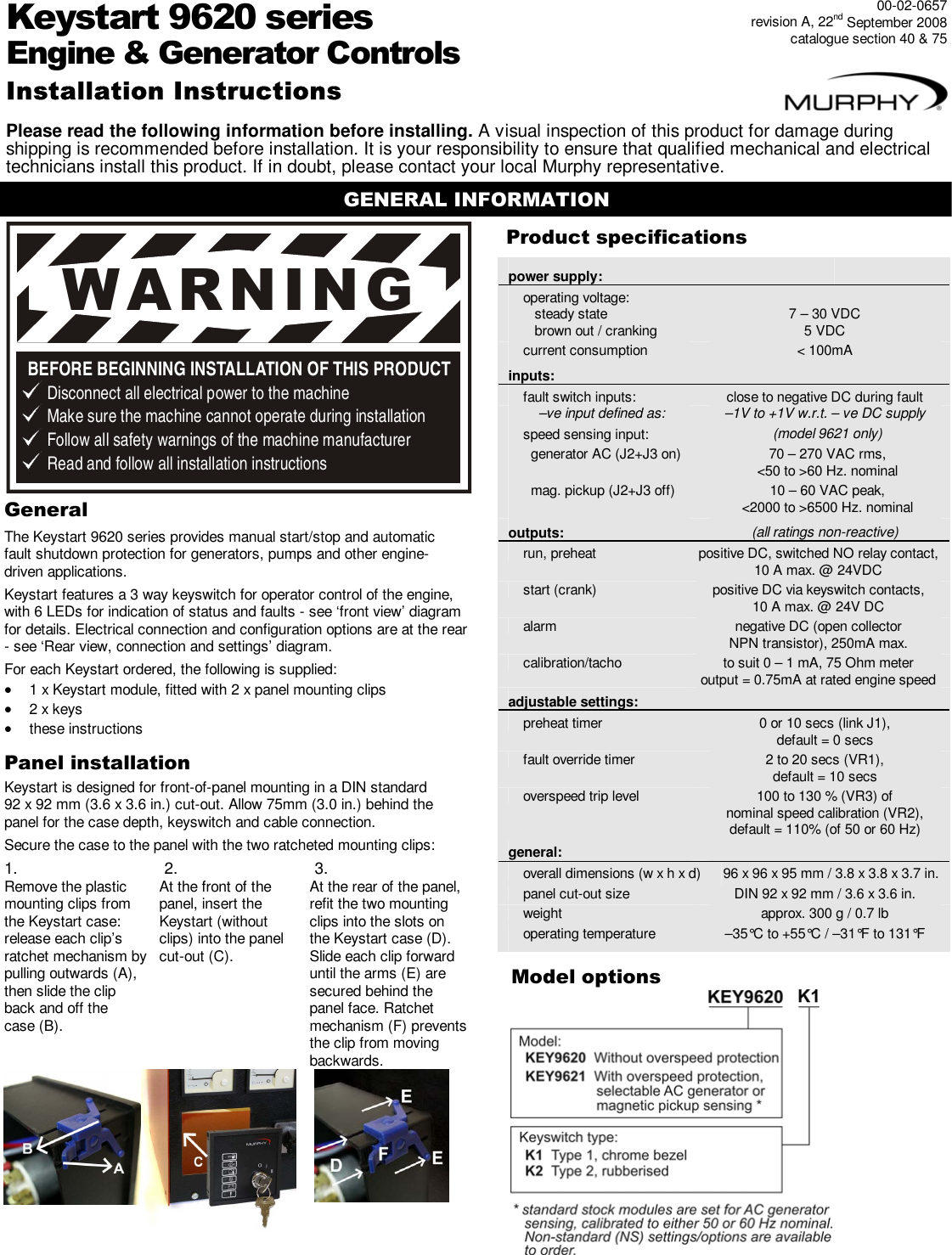 Page 1 of 4 - Murphy Murphy-Engine-And-Generator-Controls-Keystart-9620-Users-Manual- Keystart 9620 / 9621 Installation Instructions  Murphy-engine-and-generator-controls-keystart-9620-users-manual