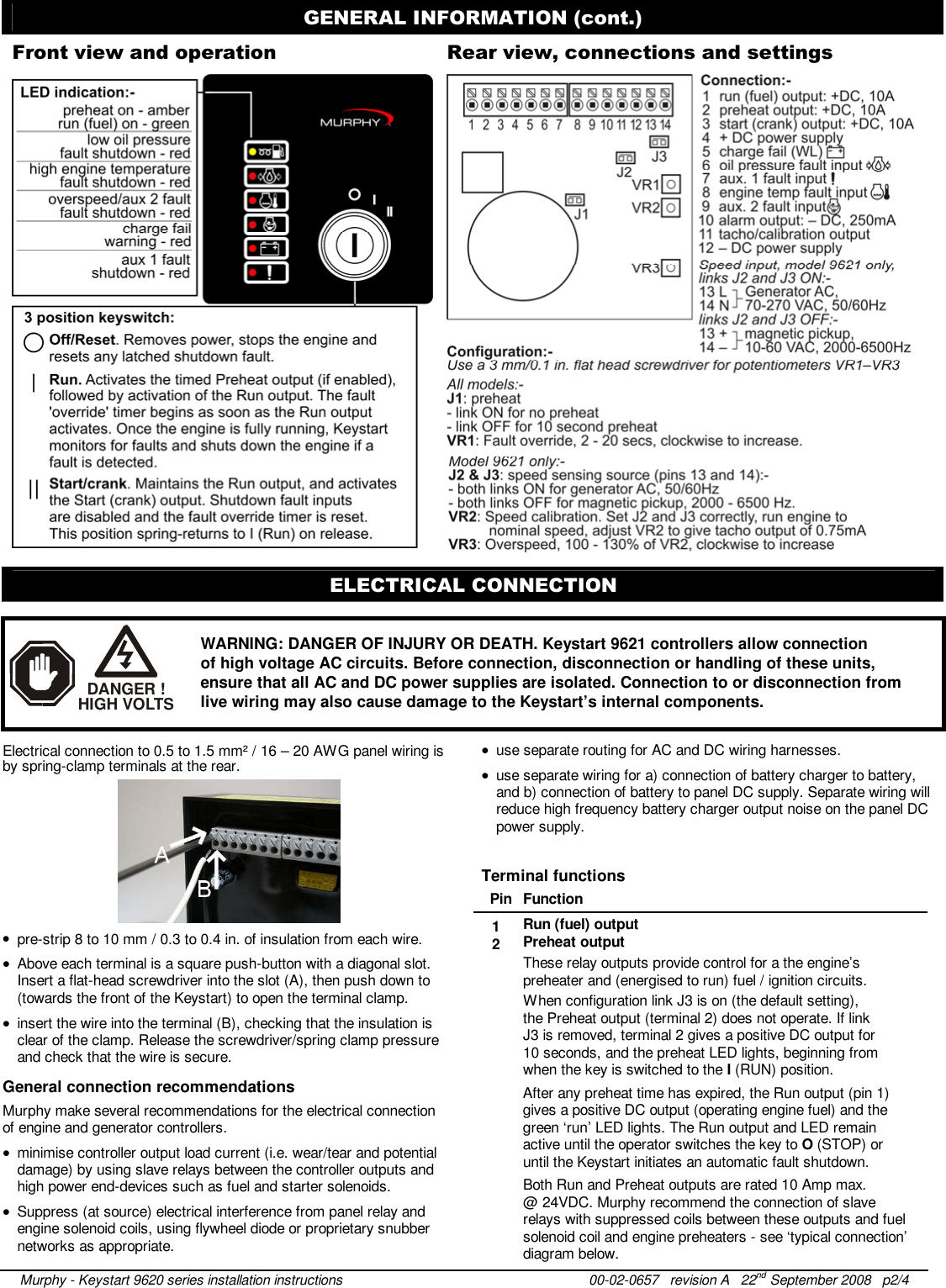 Page 2 of 4 - Murphy Murphy-Engine-And-Generator-Controls-Keystart-9620-Users-Manual- Keystart 9620 / 9621 Installation Instructions  Murphy-engine-and-generator-controls-keystart-9620-users-manual