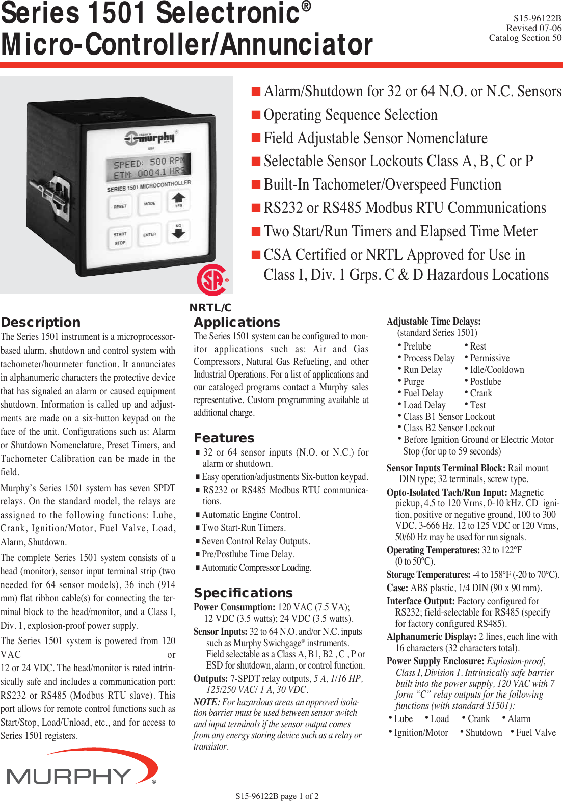 Page 1 of 2 - Murphy Murphy-Selectronic-Micro-Controller-Annunciator-Series-1501-Users-Manual-  Murphy-selectronic-micro-controller-annunciator-series-1501-users-manual