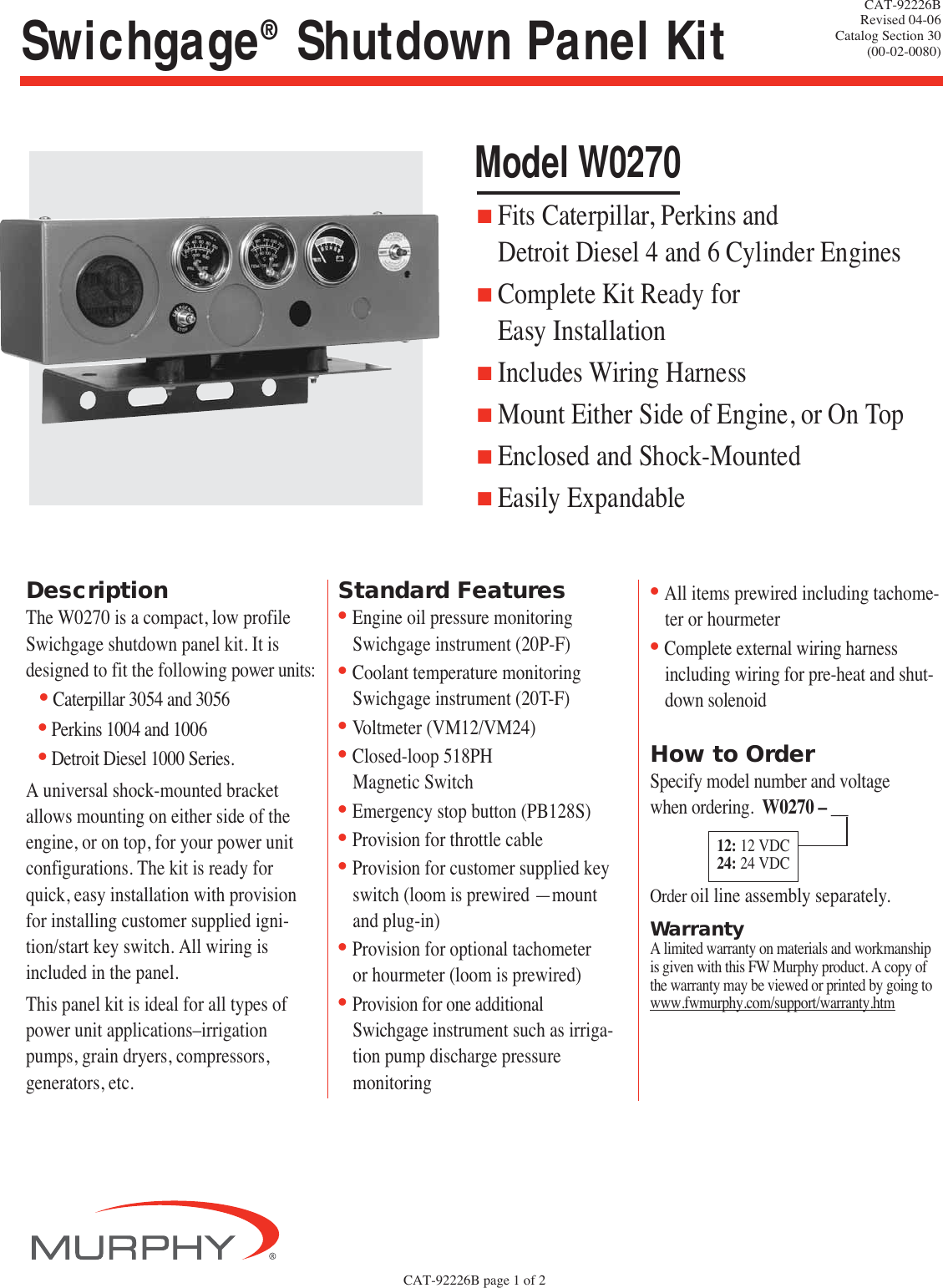 Page 1 of 2 - Murphy Murphy-Swichgage-Shutdown-Panel-Kit-W0270-Users-Manual-  Murphy-swichgage-shutdown-panel-kit-w0270-users-manual