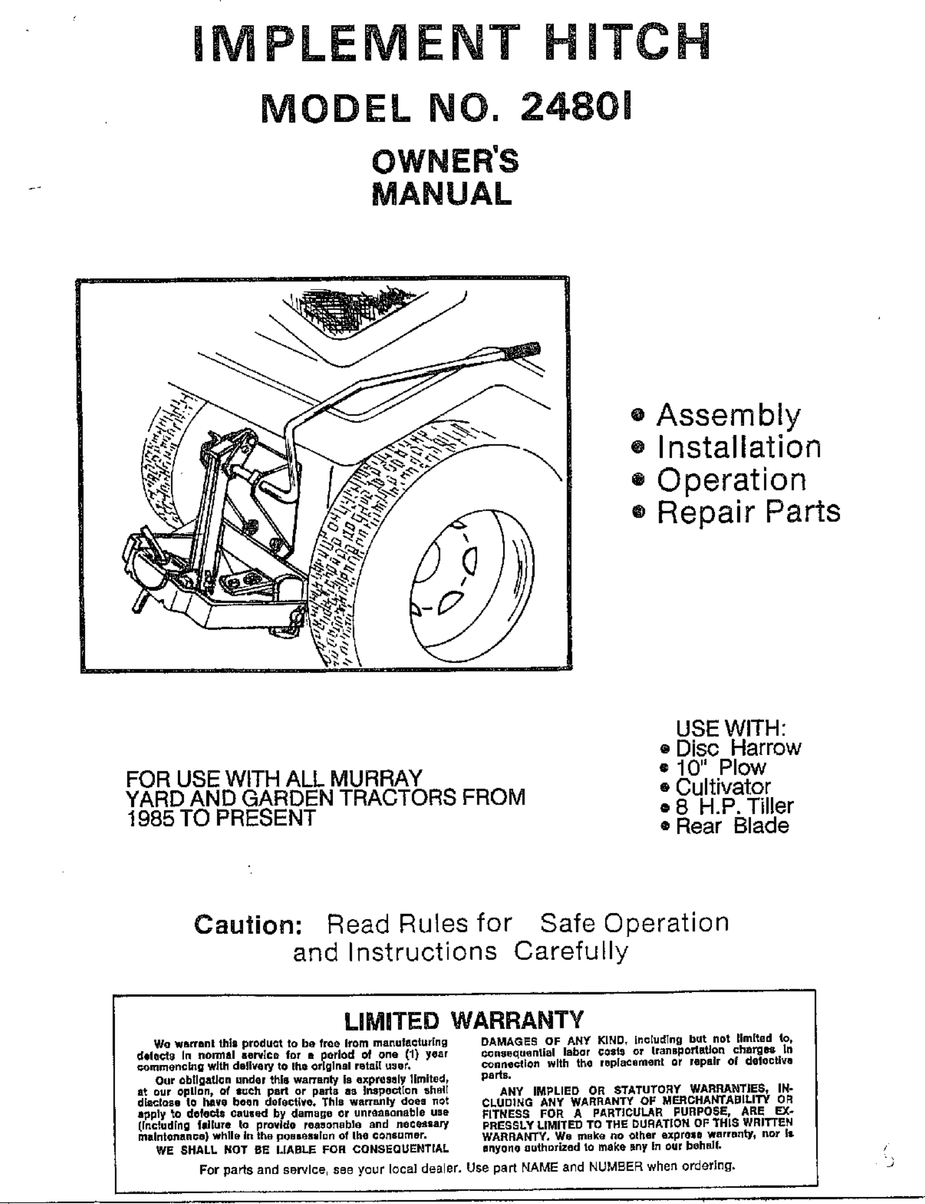 Page 1 of 4 - Murray 24801 User Manual  IMPLEMENT HITCH - Manuals And Guides WL000508