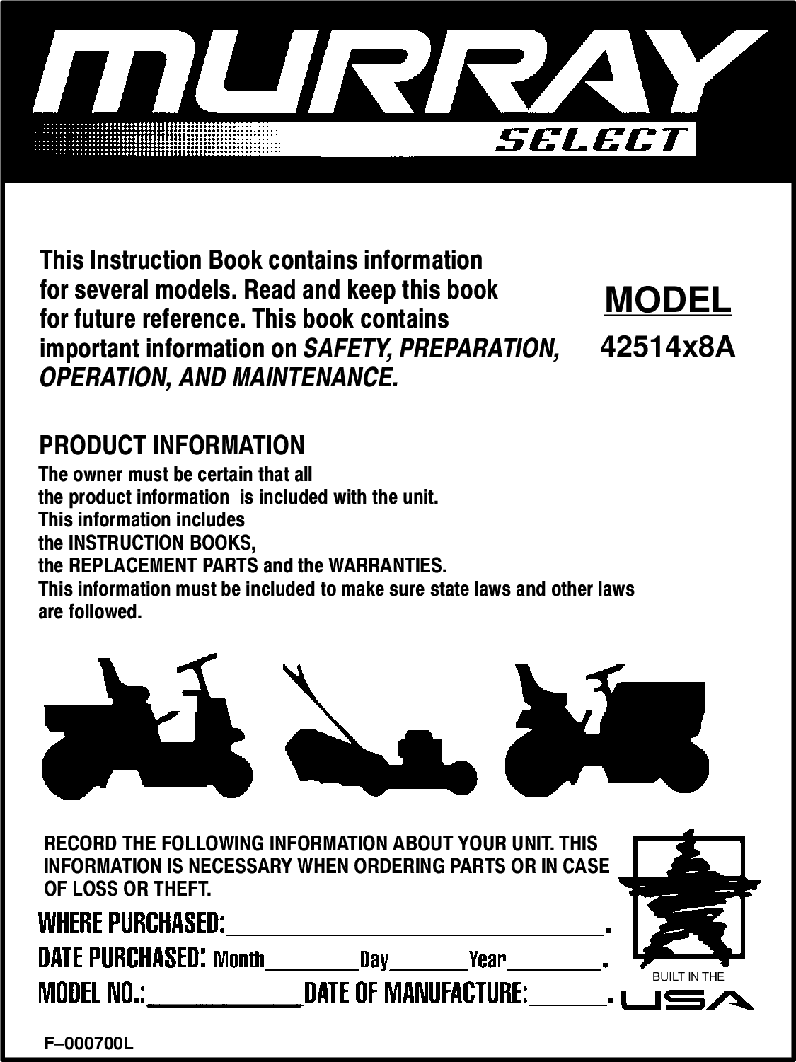 Murray 42514X8A F 000700L User Manual LAWN, TRACTOR Manuals And Guides