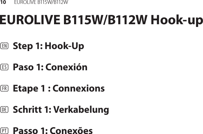 10 EUR O L I V E  B115 W/ B112 WEUROLIVE B115W/B112W Hook-up(EN)  Step 1: Hook-Up(ES)  Paso 1: Conexión(FR)  Etape 1 : Connexions(DE) Schritt 1: Verkabelung(PT)  Passo 1: Conexões