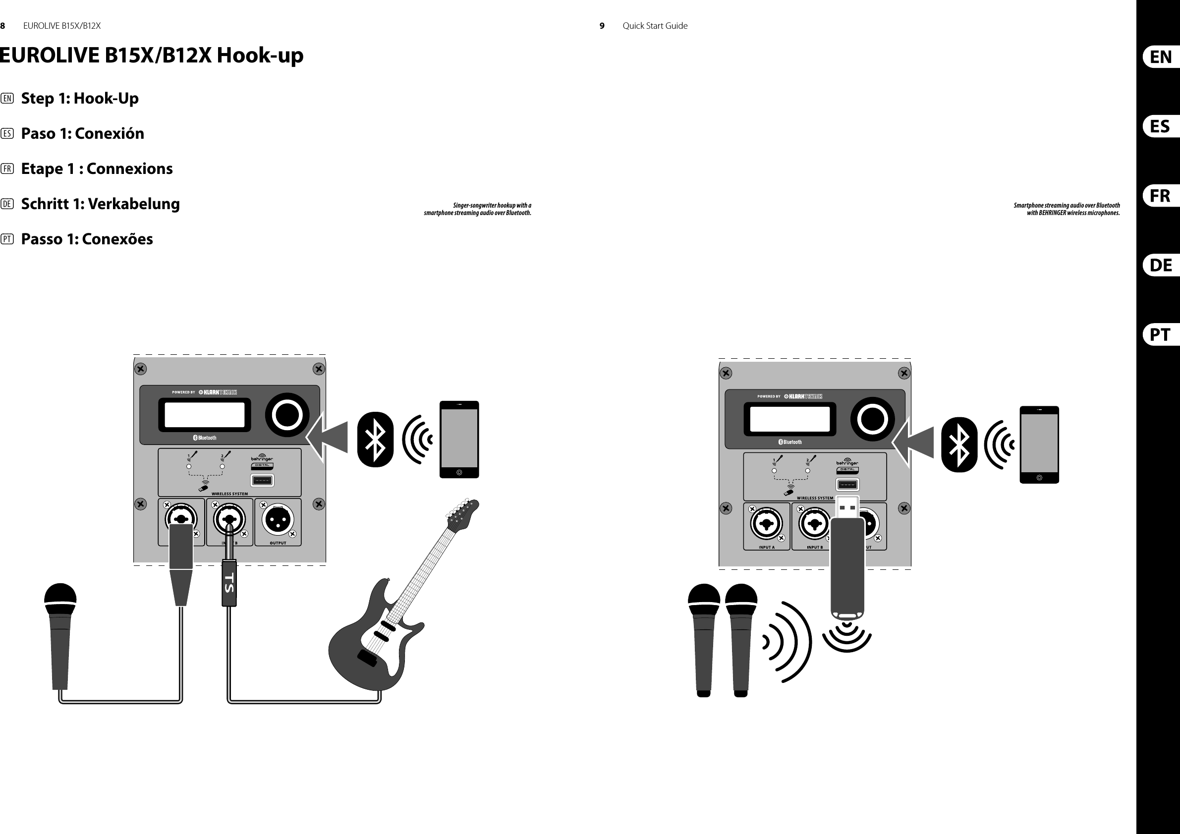 8 9EUROLIVE B15X/B12X Quick Start GuideEUROLIVE B15X/B12X Hook-up(EN)  Step 1: Hook-Up(ES)  Paso 1: Conexión(FR)  Etape 1 : Connexions(DE) Schritt 1: Verkabelung(PT)  Passo 1: ConexõesSinger-songwriter hookup with a smartphone streaming audio over Bluetooth.Smartphone streaming audio over Bluetooth with BEHRINGER wireless microphones.