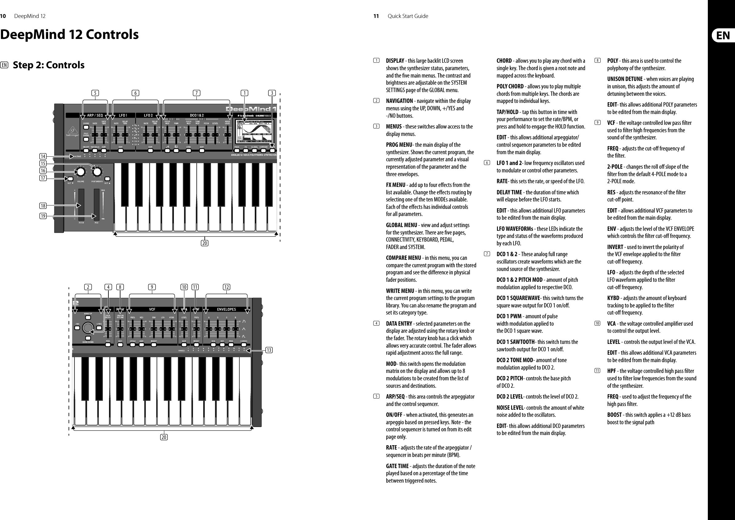 10 11DeepMind 12 Quick Start GuideDeepMind 12 Controls(EN)  Step 2: Controls(5) (6) (7) (1) (3)(20)(19)(18)(17)(16)(15)(14)(1)  DISPLAY - this large backlit LCD screen shows the synthesizer status, parameters, and the  ve main menus. The contrast and brightness are adjustable on the SYSTEM SETTINGS page of the GLOBAL menu.(2)  NAVIGATION - navigate within the display menus using the UP, DOWN, +/YES and -/NO buttons. (3)  MENUS - these switches allow access to the display menus.PROG MENU- the main display of the synthesizer. Shows the current program, the currently adjusted parameter and a visual representation of the parameter and the three envelopes.FX MENU - add up to four e ects from the list available. Change the e ects routing by selecting one of the ten MODEs available. Each of the e ects has individual controls for all parameters. GLOBAL MENU - view and adjust settings for the synthesizer. There are  ve pages, CONNECTIVITY, KEYBOARD, PEDAL, FADER and SYSTEM. COMPARE MENU - in this menu, you can compare the current program with the stored program and see the di erence in physical fader positions.WRITE MENU - in this menu, you can write the current program settings to the program library. You can also rename the program and set its category type. (4)  DATA ENTRY - selected parameters on the display are adjusted using the rotary knob or the fader. The rotary knob has a click which allows very accurate control. The fader allows rapid adjustment across the full range. MOD- this switch opens the modulation matrix on the display and allows up to 8 modulations to be created from the list of sources and destinations.(5)  ARP/SEQ - this area controls the arpeggiator and the control sequencer.ON/OFF - when activated, this generates an arpeggio based on pressed keys. Note - the control sequencer is turned on from its edit page only.RATE - adjusts the rate of the arpeggiator / sequencer in beats per minute (BPM). GATE TIME - adjusts the duration of the note played based on a percentage of the time between triggered notes.CHORD - allows you to play any chord with a single key. The chord is given a root note and mapped across the keyboard.POLY CHORD - allows you to play multiple chords from multiple keys. The chords are mapped to individual keys.TAP/HOLD - tap this button in time with your performance to set the rate/BPM, or press and hold to engage the HOLD function.EDIT - this allows additional arpeggiator/control sequencer parameters to be edited from the main display.(6)  LFO 1 and 2- low frequency oscillators used to modulate or control other parameters.RATE- this sets the rate, or speed of the LFO.DELAY TIME - the duration of time which will elapse before the LFO starts.EDIT - this allows additional LFO parameters to be edited from the main display.LFO WAVEFORMs - these LEDs indicate the type and status of the waveforms produced by each LFO.(7)  DCO 1 &amp; 2 - These analog full range oscillators create waveforms which are the sound source of the synthesizer.DCO 1 &amp; 2 PITCH MOD - amount of pitch modulation applied to respective DCO.DCO 1 SQUAREWAVE- this switch turns the square wave output for DCO 1 on/o .DCO 1 PWM - amount of pulse width modulation applied to the DCO 1 square wave.DCO 1 SAWTOOTH- this switch turns the sawtooth output for DCO 1 on/o .DCO 2 TONE MOD- amount of tone modulation applied to DCO 2.DCO 2 PITCH- controls the base pitch of DCO 2.DCO 2 LEVEL- controls the level of DCO 2.NOISE LEVEL- controls the amount of white noise added to the oscillators.EDIT- this allows additional DCO parameters to be edited from the main display.(8)  POLY - this area is used to control the polyphony of the synthesizer.UNISON DETUNE - when voices are playing in unison, this adjusts the amount of detuning between the voices.EDIT- this allows additional POLY parameters to be edited from the main display.(9)  VCF - the voltage controlled low pass  lter used to  lter high frequencies from the sound of the synthesizer.FREQ - adjusts the cut-o  frequency of the  lter.2-POLE - changes the roll o  slope of the  lter from the default 4-POLE mode to a 2-POLE mode.RES - adjusts the resonance of the  lter cut-o  point.EDIT - allows additional VCF parameters to be edited from the main display.ENV - adjusts the level of the VCF ENVELOPE which controls the  lter cut-o  frequency.INVERT - used to invert the polarity of the VCF envelope applied to the  lter cut-o  frequency.LFO - adjusts the depth of the selected LFO waveform applied to the  lter cut-o  frequency.KYBD - adjusts the amount of keyboard tracking to be applied to the  lter cut-o  frequency.(10)  VCA - the voltage controlled ampli er used to control the output level.LEVEL - controls the output level of the VCA.EDIT - this allows additional VCA parameters to be edited from the main display.(11)  HPF - the voltage controlled high pass  lter used to  lter low frequencies from the sound of the synthesizer. FREQ - used to adjust the frequency of the high pass  lter.BOOST - this switch applies a +12 dB bass boost to the signal path(2) (4) (8) (9) (10) (11) (12)(13)(20)
